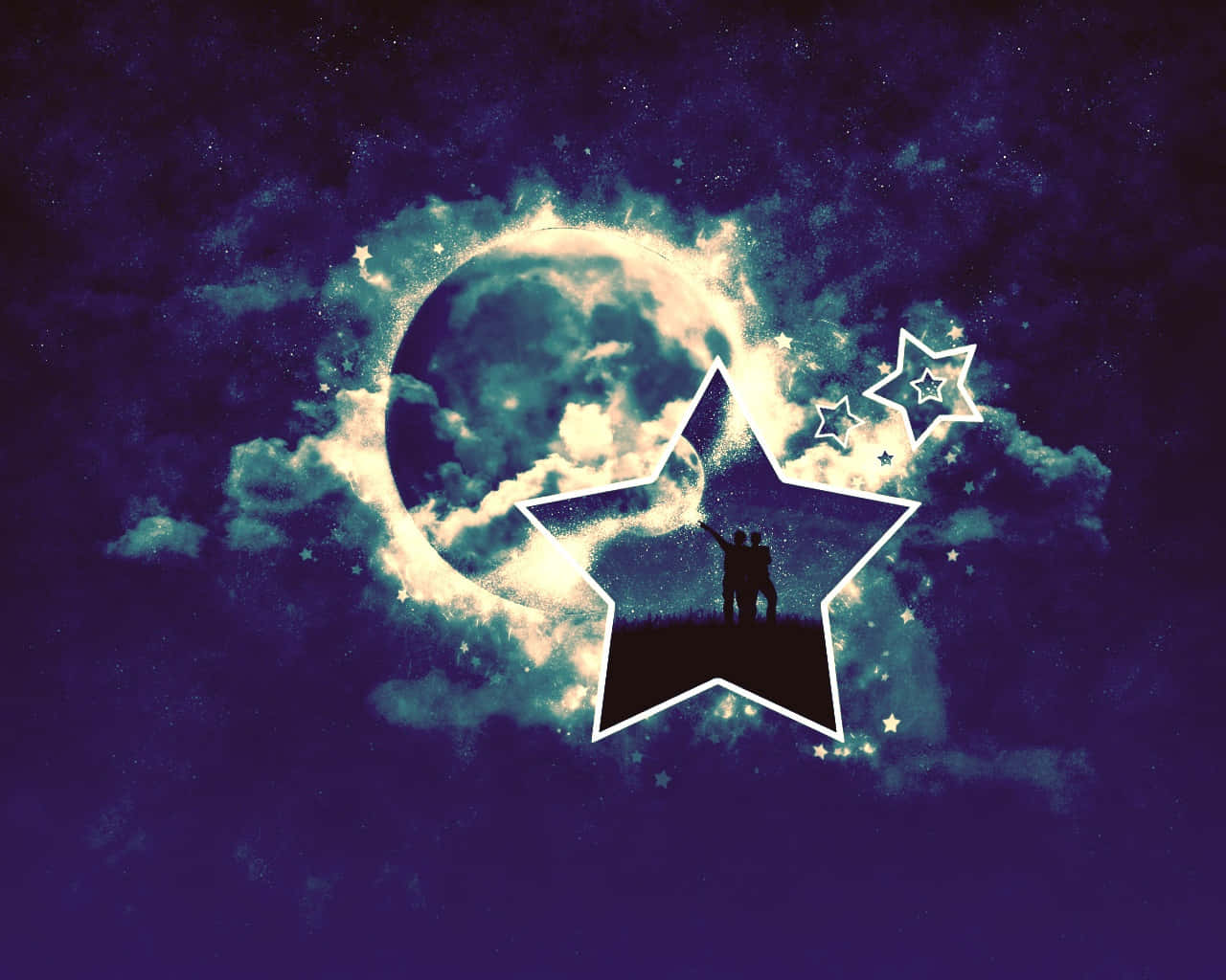 兩個人在星星上仰望星空中的彎月。