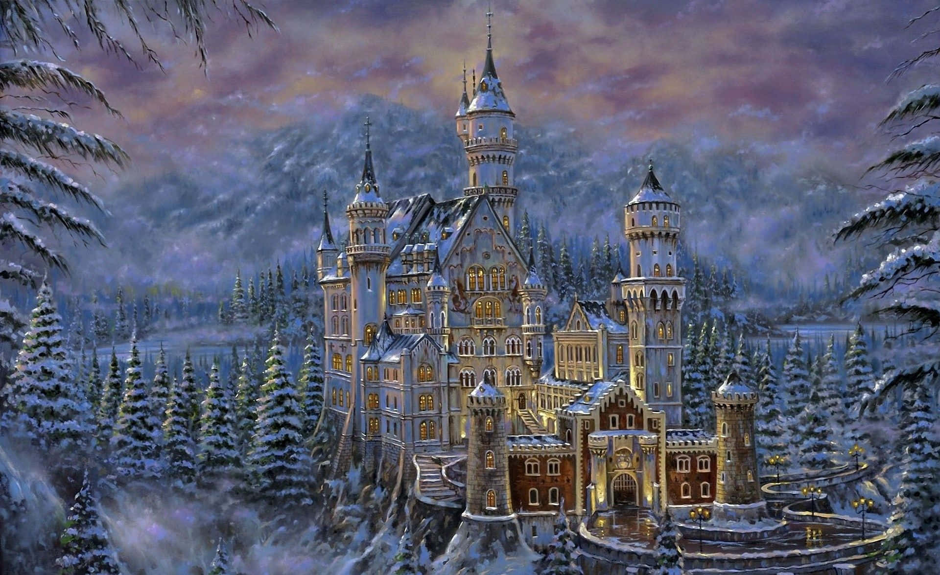 暮色中，一座巨大的照明城堡坐落在白雪皚皚的森林中。