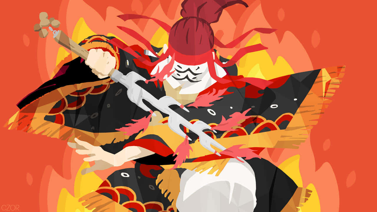 見證鬼殺隊的崛起 壁紙 — 一個風格化的武士戰士，身穿紅色和黑色盔甲，在火熱的橙色背景前揮舞著劍。