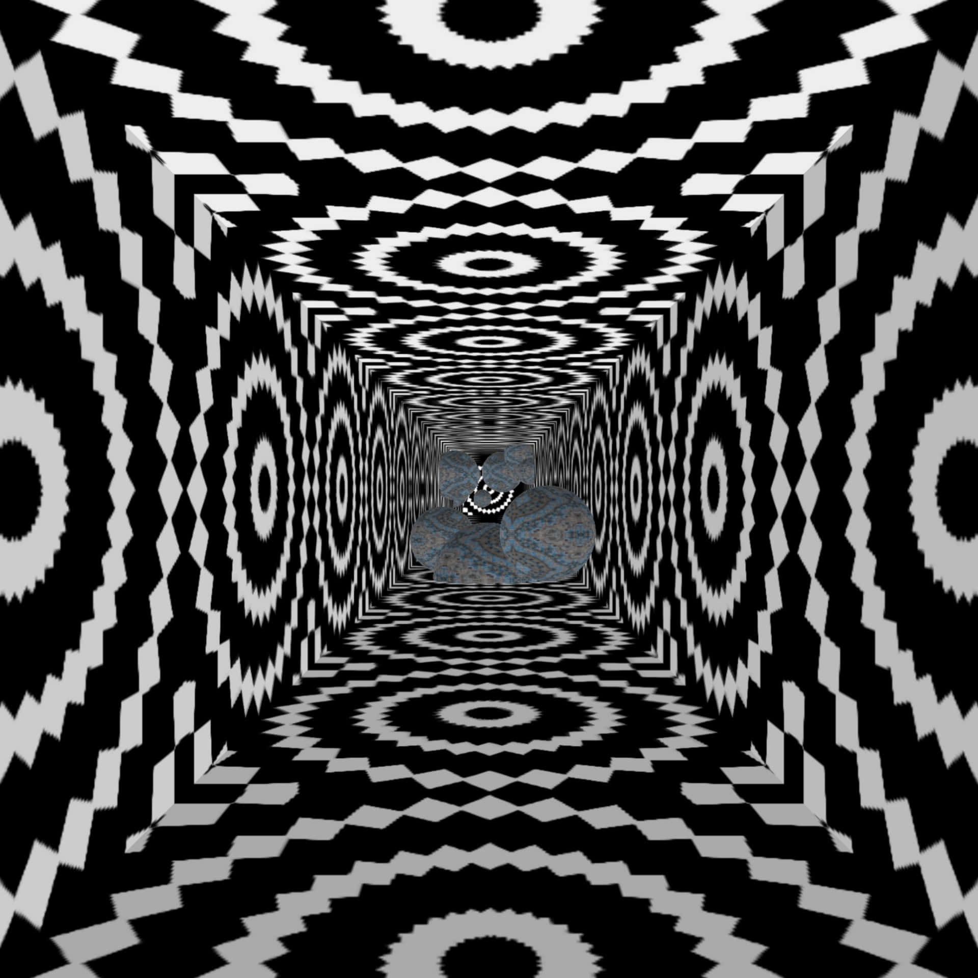 黑白幾何隧道，重複圖案通向中央的石球。
