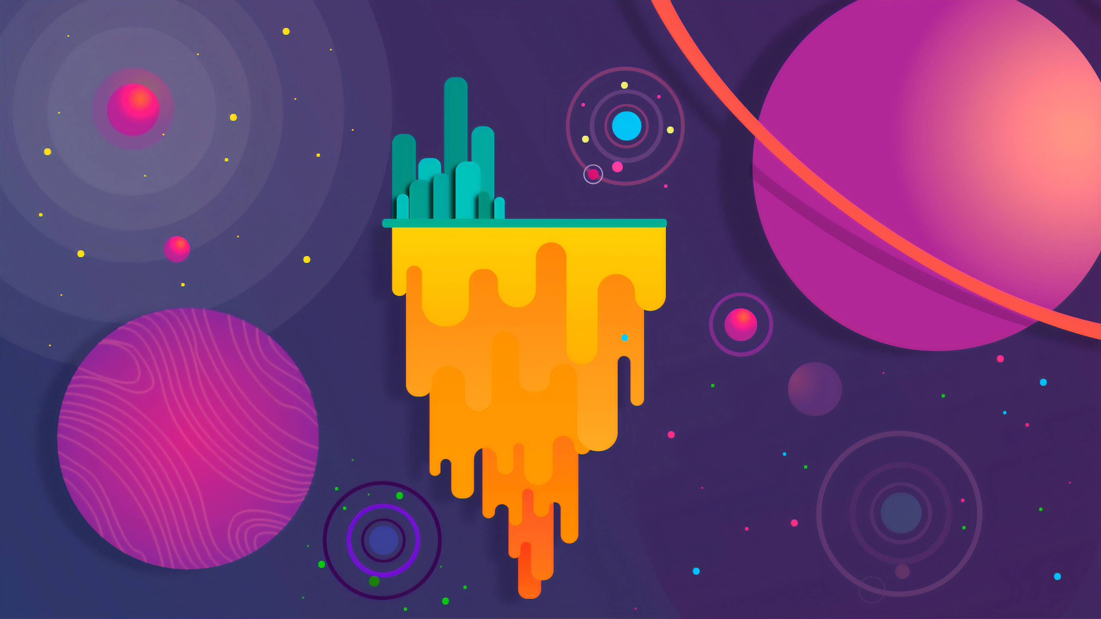親子友善宇宙藝術 壁紙 — 一幅充滿活力的數位插圖，描繪了一個滴落的橙黃色平台，上面有青綠色的仙人掌，背景是宇宙紫色，帶有發光的行星。