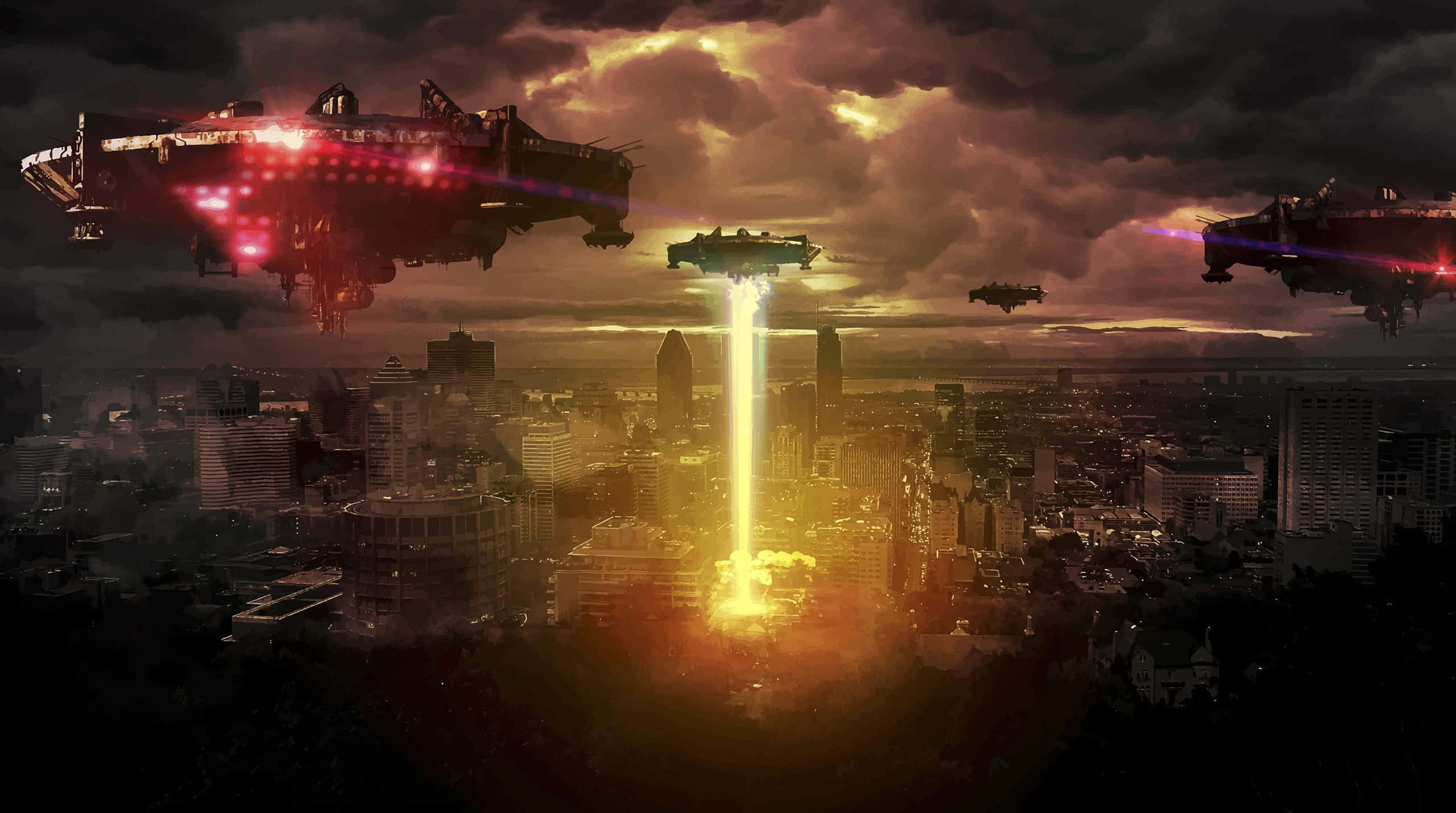 親眼目睹：真實UFO飛行中拍攝畫面 壁紙 — 未來戰艦在城市上空盤旋，一道金色光束從中央塔樓噴射而出，映襯著暴風雨般的日落天空。