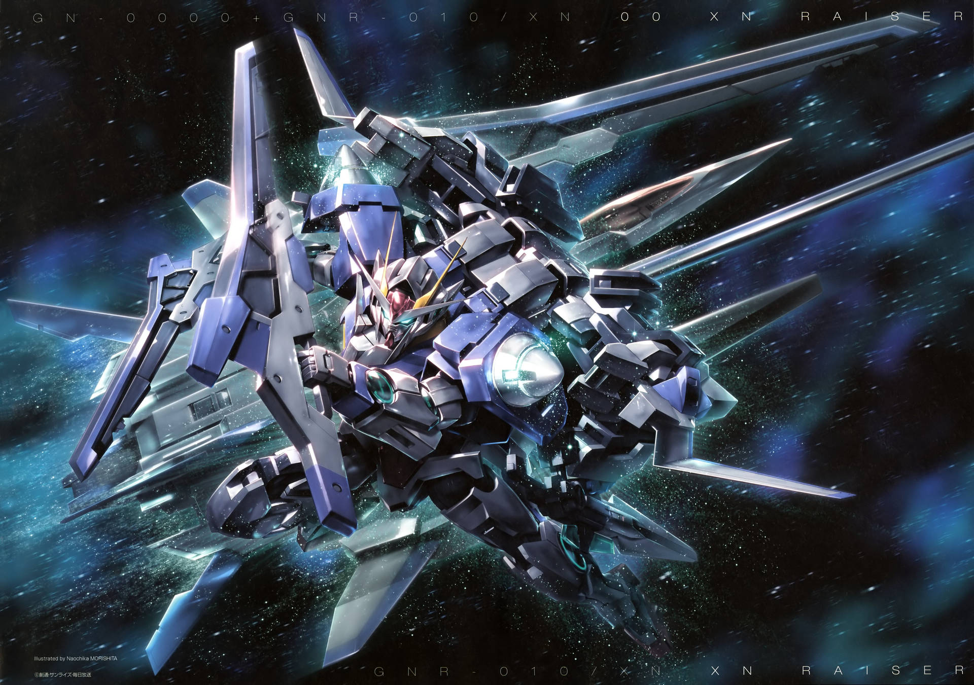 銀藍色高達機動戰士在星空宇宙場景中飛行。 — 機動戰士鋼彈 壁紙