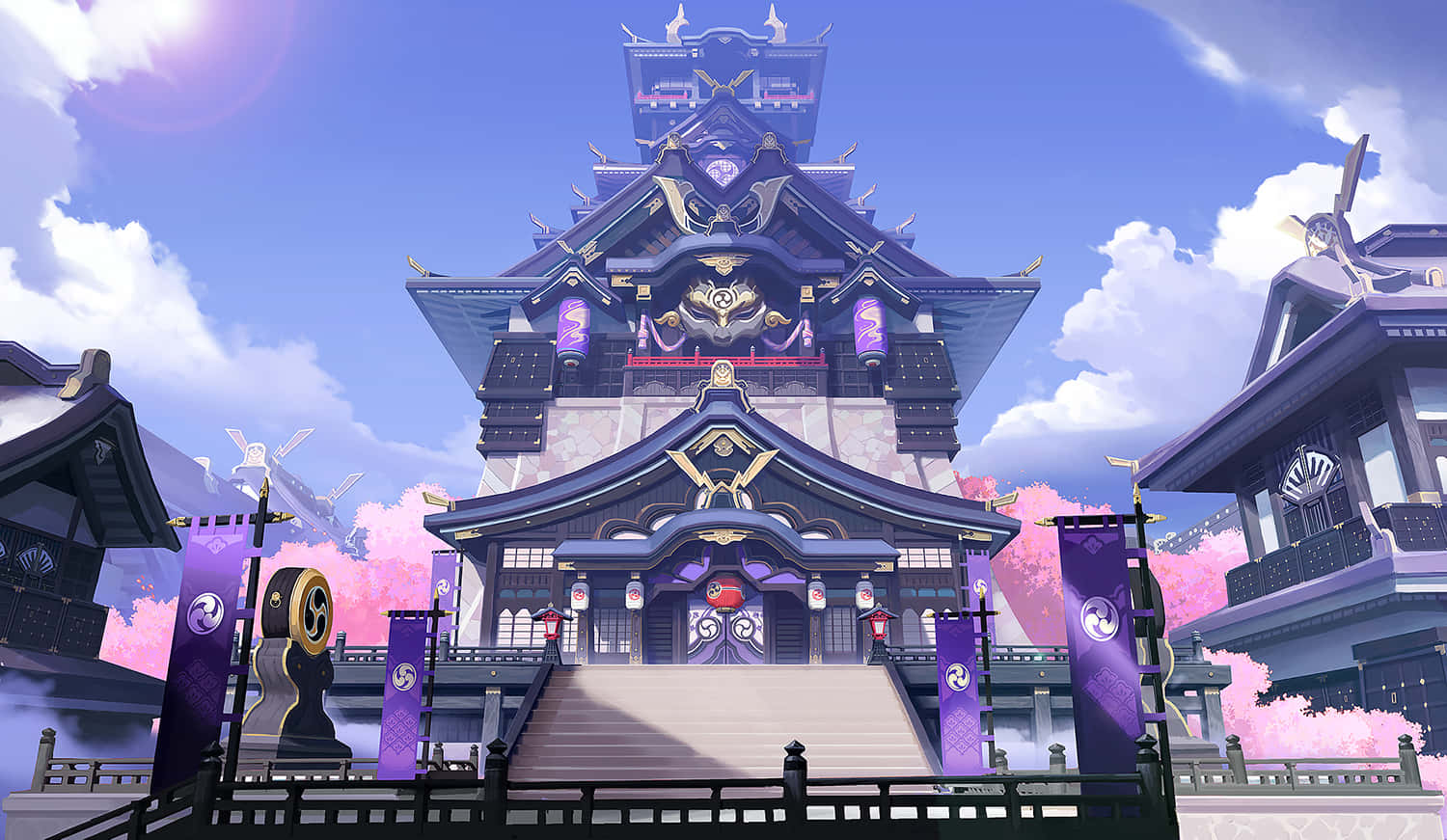 在陽光明媚的天空下，一座充滿活力的動漫神社，櫻花和紫色旗幟飄揚。