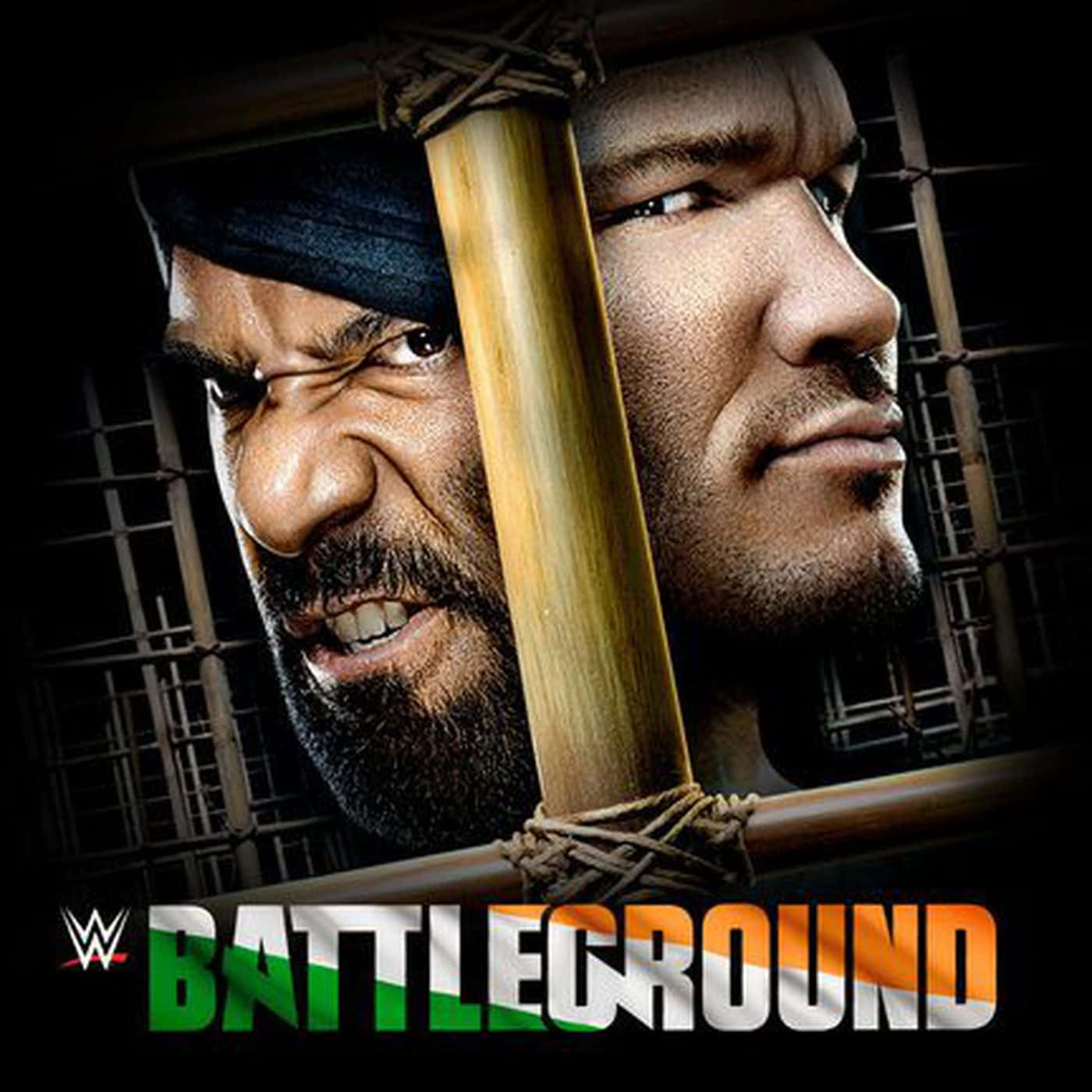 兩位WWE摔角手在一個帶有印度國旗顏色的竹籠內，背景是Battleground標誌。
