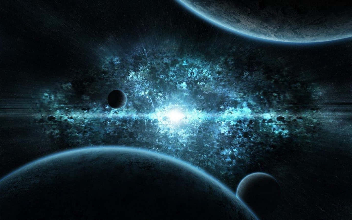 親睹宇宙的神祕之美 壁紙 — 一個宇宙場景，黑暗行星之間有發光的藍色星雲和明亮的中央星爆。