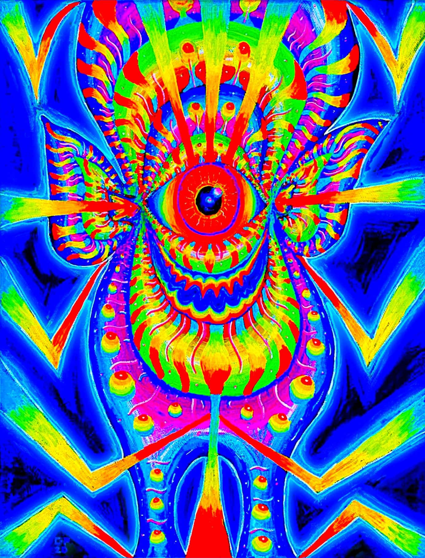 一隻帶有漩渦狀霓虹色彩和對稱圖案的迷幻眼睛。