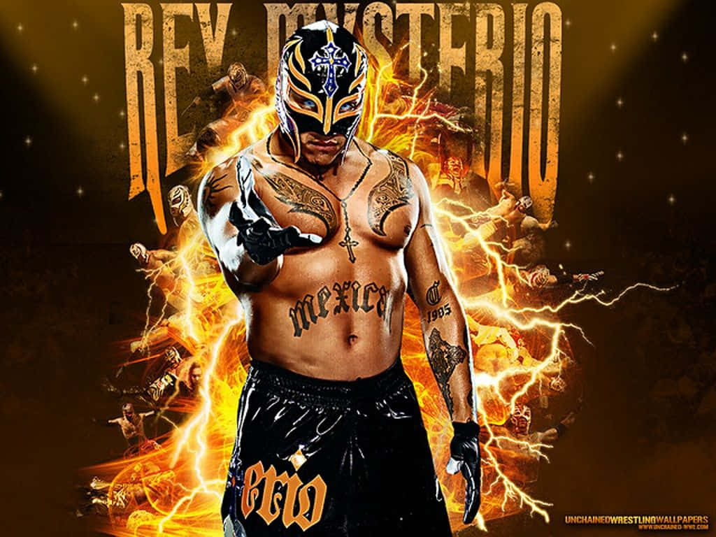 摔角手 Rey Mysterio 戴著面具和黑色短褲，被火焰閃電效果包圍。