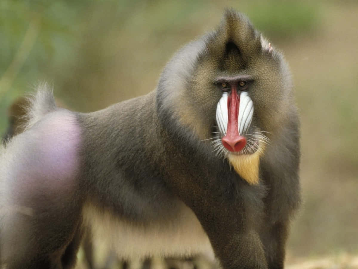 親近動物園中的野生動物 壁紙 — 一張山魈的特寫，帶有鮮豔的紅色和藍色面部標記，警覺地站在模糊的自然棲息地中。