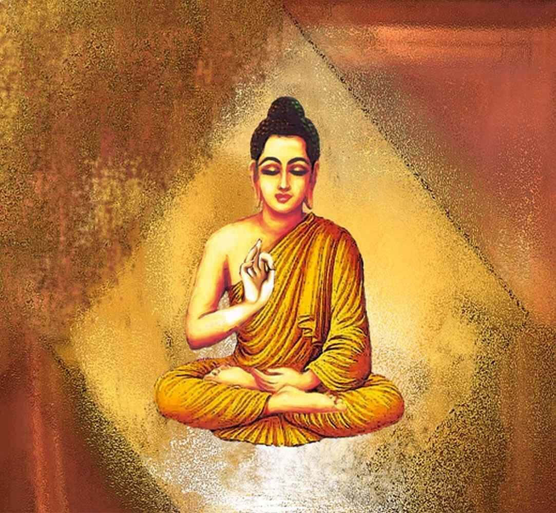 覺悟者佛陀 壁紙 — 一尊寧靜的佛陀身著金色袈裟，在溫暖光芒的燦爛光環下盤腿打坐冥想。
