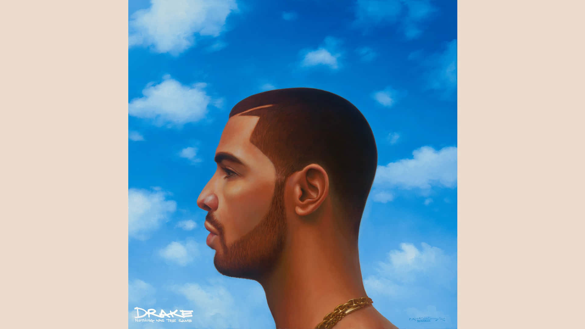 Drake的側面畫像，背景是藍天白雲。