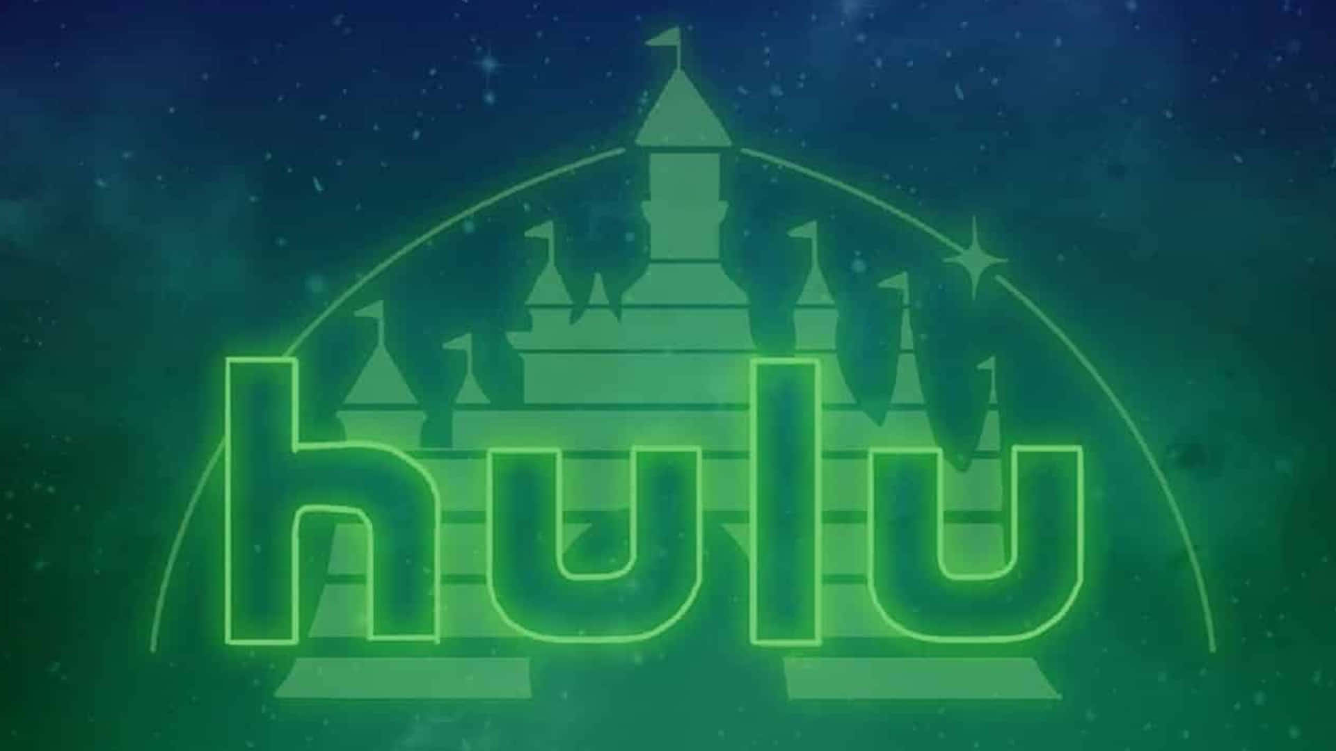 觀看 Hulu，探索新世界 壁紙 — 發光的綠色Hulu標誌，帶有城堡剪影，背景是星空宇宙。