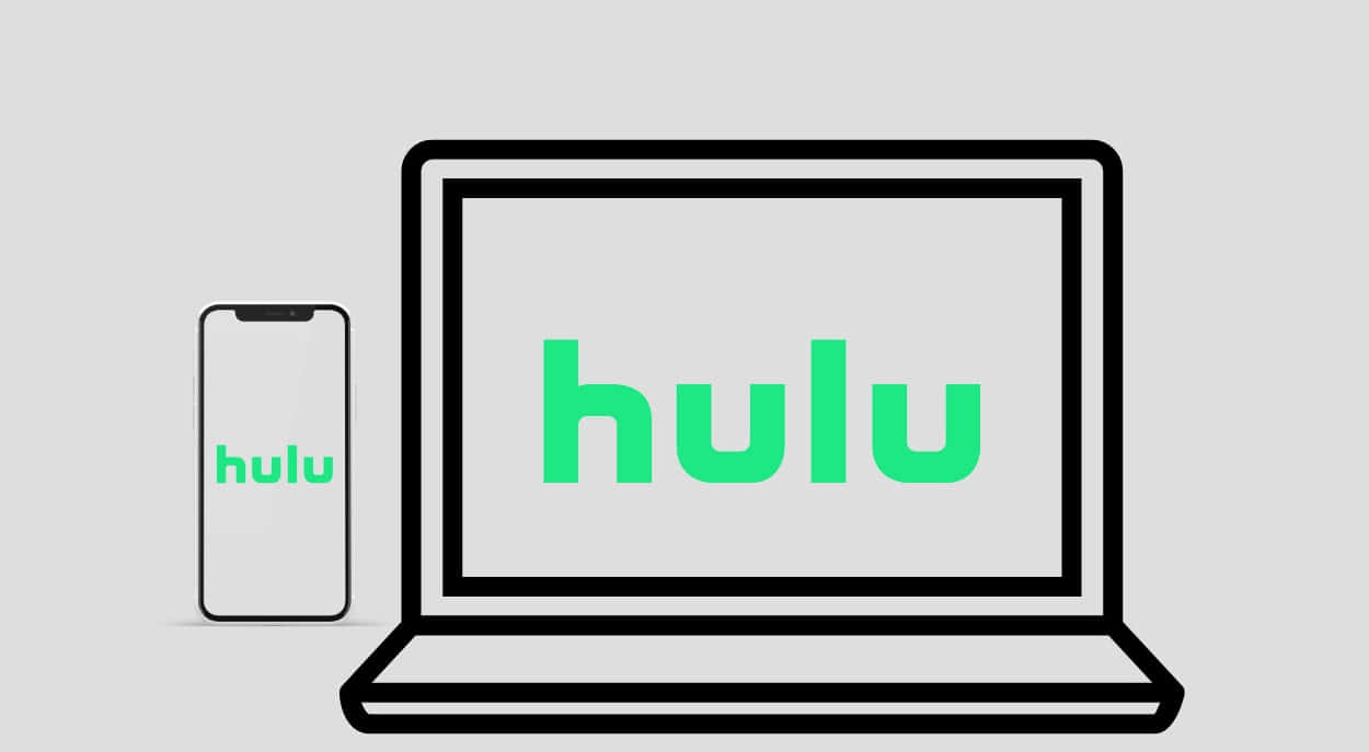 觀看 Hulu，暢享熱門電視劇 壁紙 — 以淺灰色背景為襯托，展示手提電腦和智能手機均顯示綠色Hulu標誌的極簡線條藝術插圖。
