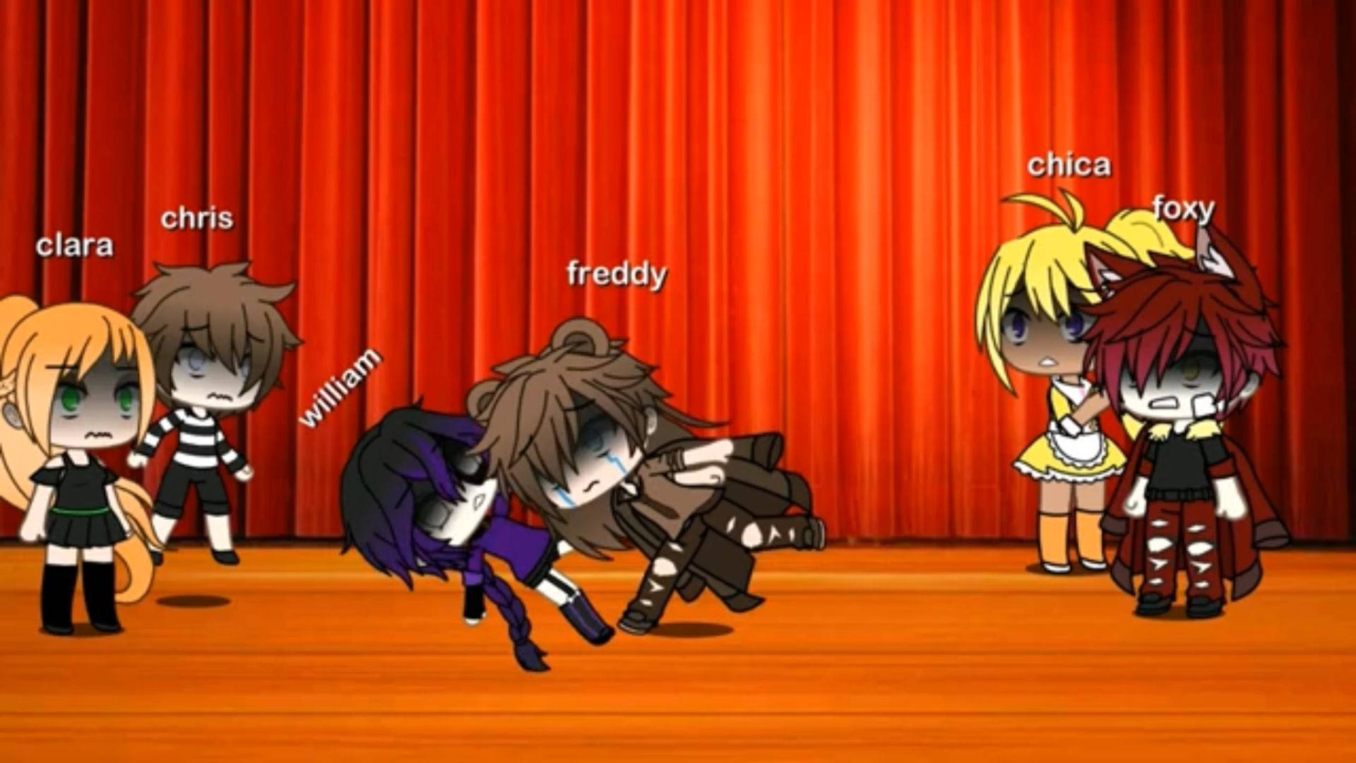 《Five Nights at Freddy's》的Q版角色在帶有紅色帷幕的舞台上。