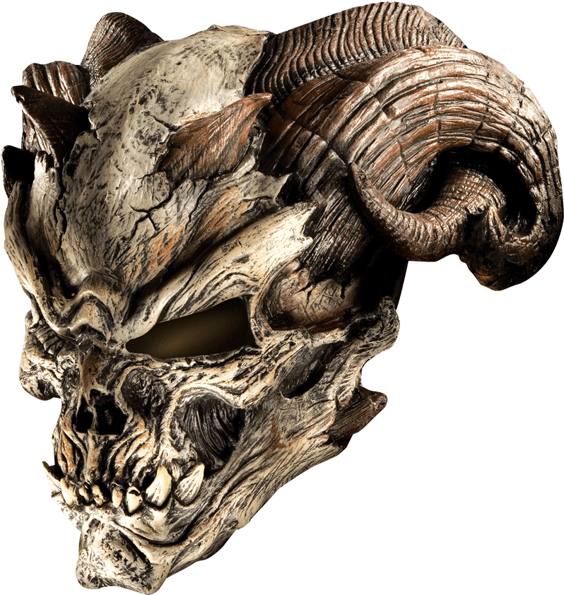 角狀惡魔骷髏雕塑 壁紙 — 一個詳細的惡魔頭骨面具，帶有彎曲的角和裂紋骨質紋理，背景為黑色。