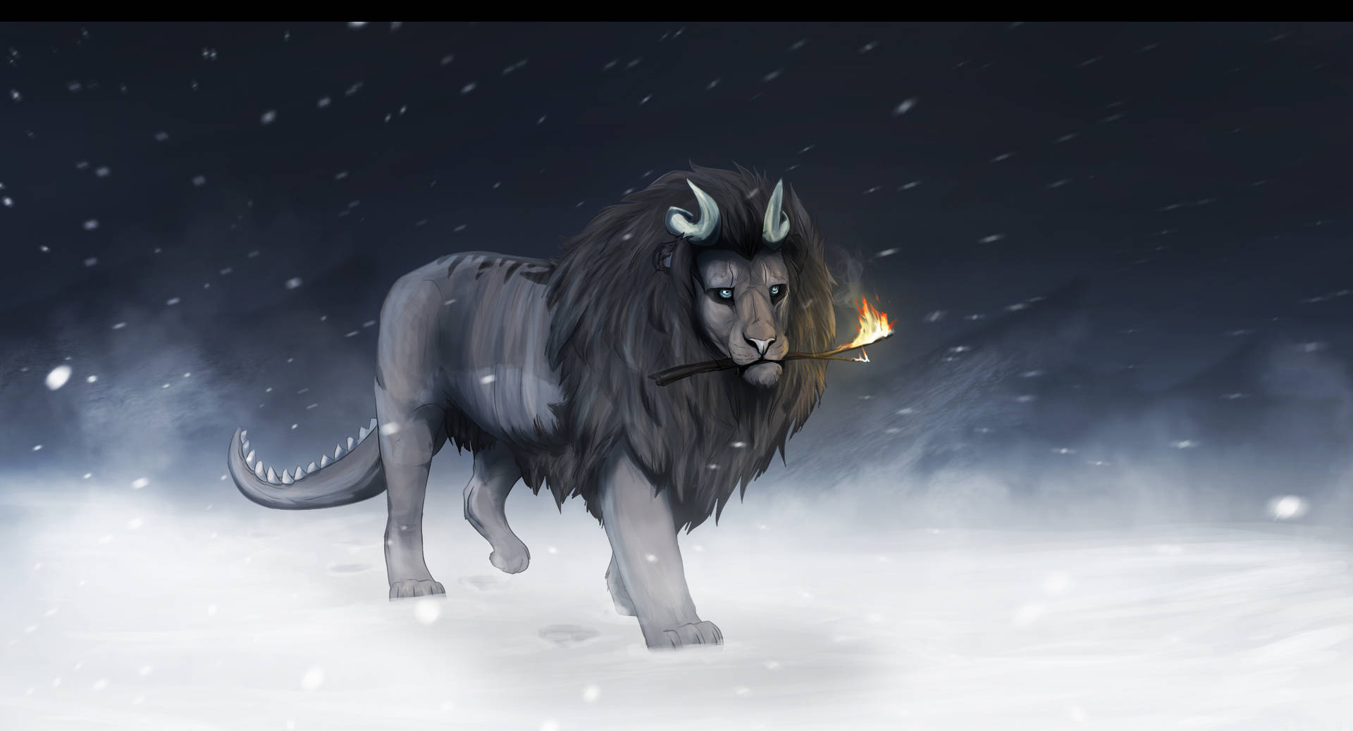 神話中有角的獅子在雪夜風暴中手持火把。