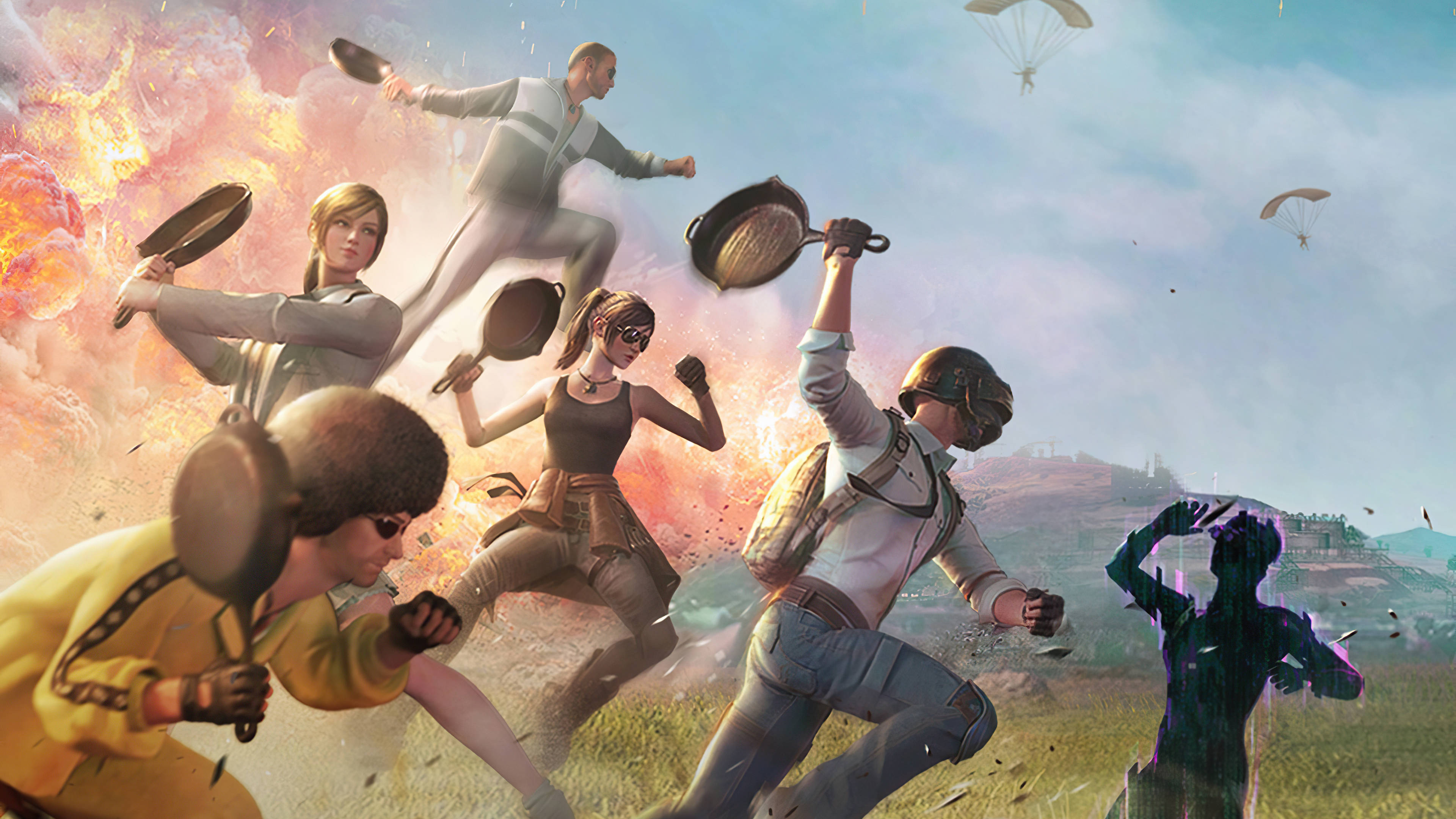PUBG 桌布 壁紙 — 角色們揮舞著平底鍋，在爆炸性的天空中跳躍，呈現混亂的大逃殺場景。