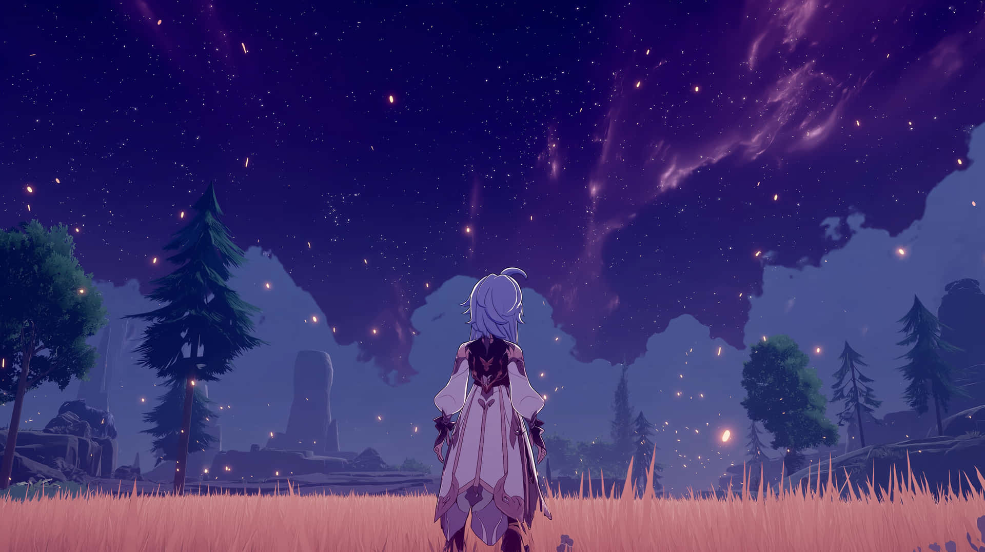 白發動漫角色站在草地上，星空下紫色的夜空中有發光粒子和樹木。