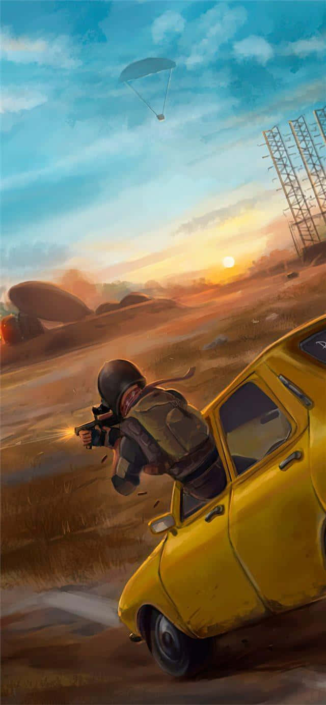 士兵在沙漠日落時從黃色汽車開火，伴有降落傘。