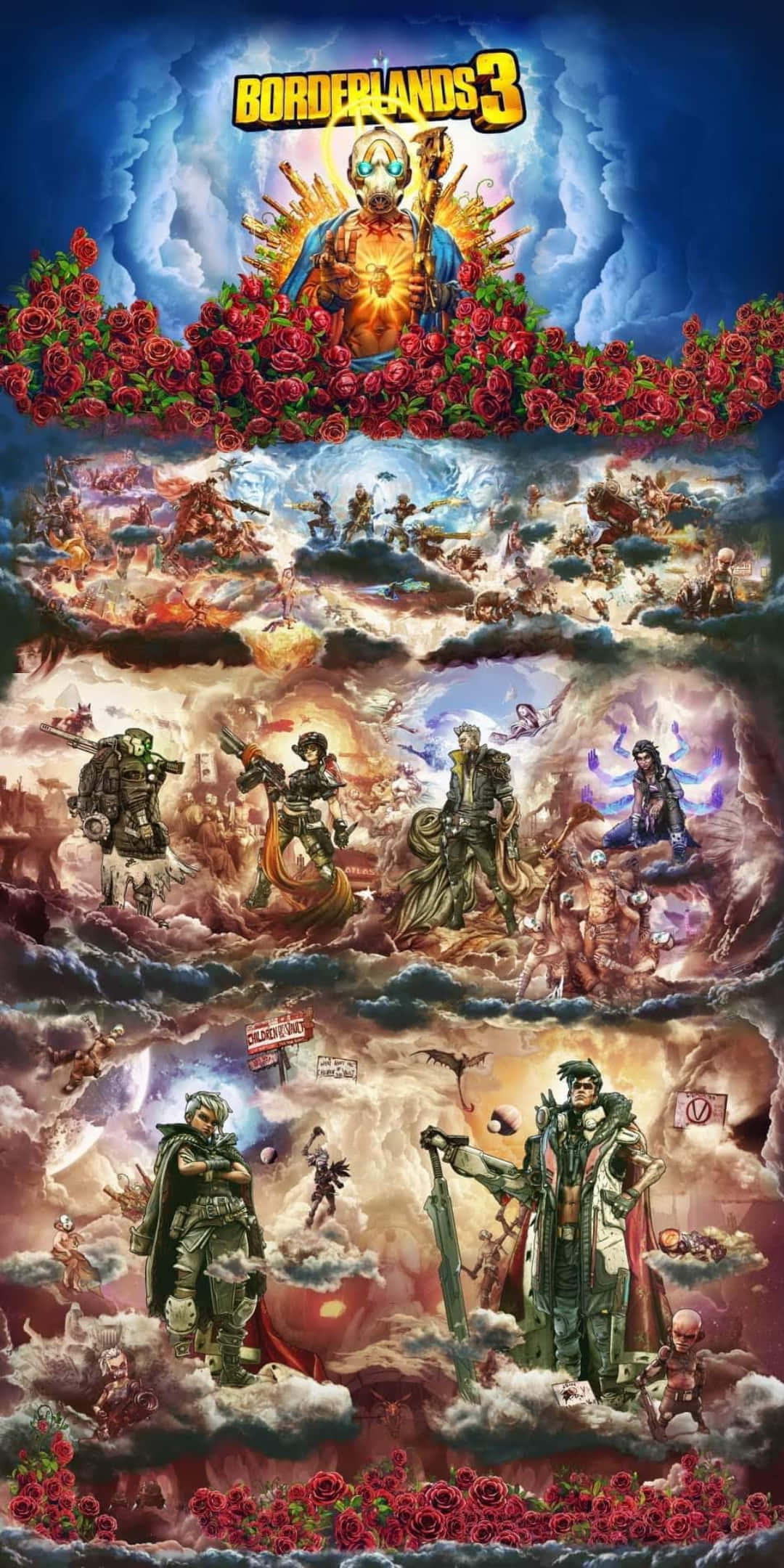角色與敵人像素3《邊境之地3》背景 壁紙 — 一張充滿活力的《邊緣禁地3》數位藝術海報，中央有一個發光的人物，周圍是混亂的戰鬥場景和角色，跨越雲層，並以紅玫瑰框住。