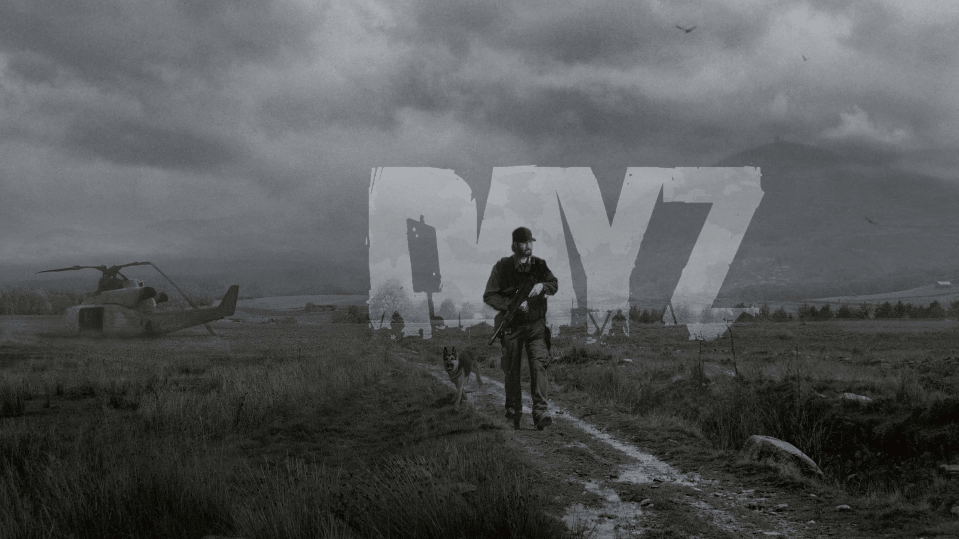 角色行於小徑 4K DayZ Epoch Mod 背景 壁紙 — 一名士兵帶著狗穿過泥濘的田野，在暴風雨的天空下，有一架墜毀的直升機和「DAY7」文字疊加。