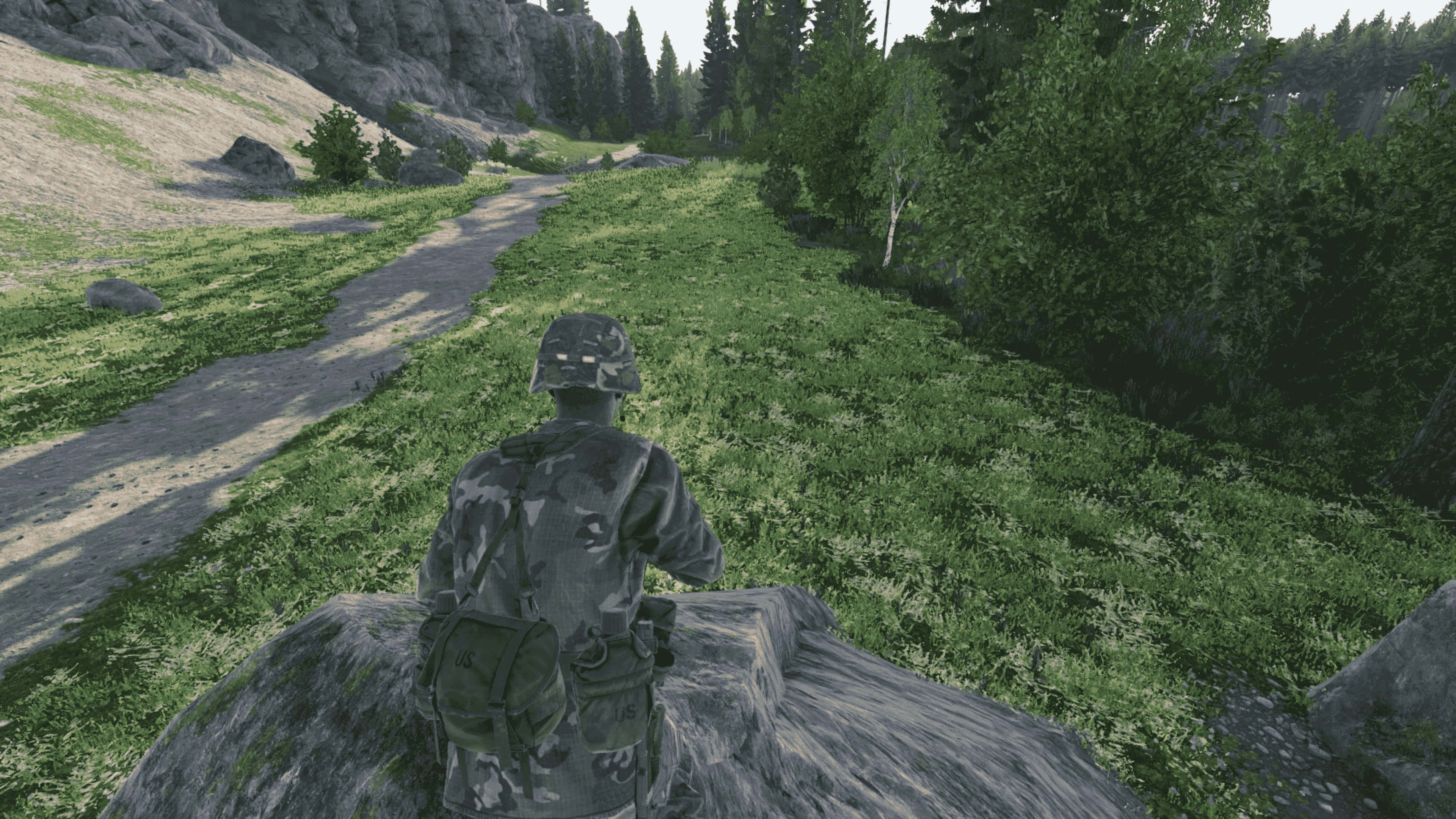 角色蹲伏於巨石上 4K DayZ Epoch Mod 背景 壁紙 — 一名身穿迷彩裝備的士兵站在岩石露頭上，俯瞰著一條蜿蜒穿過茂密綠色森林的泥土小徑。