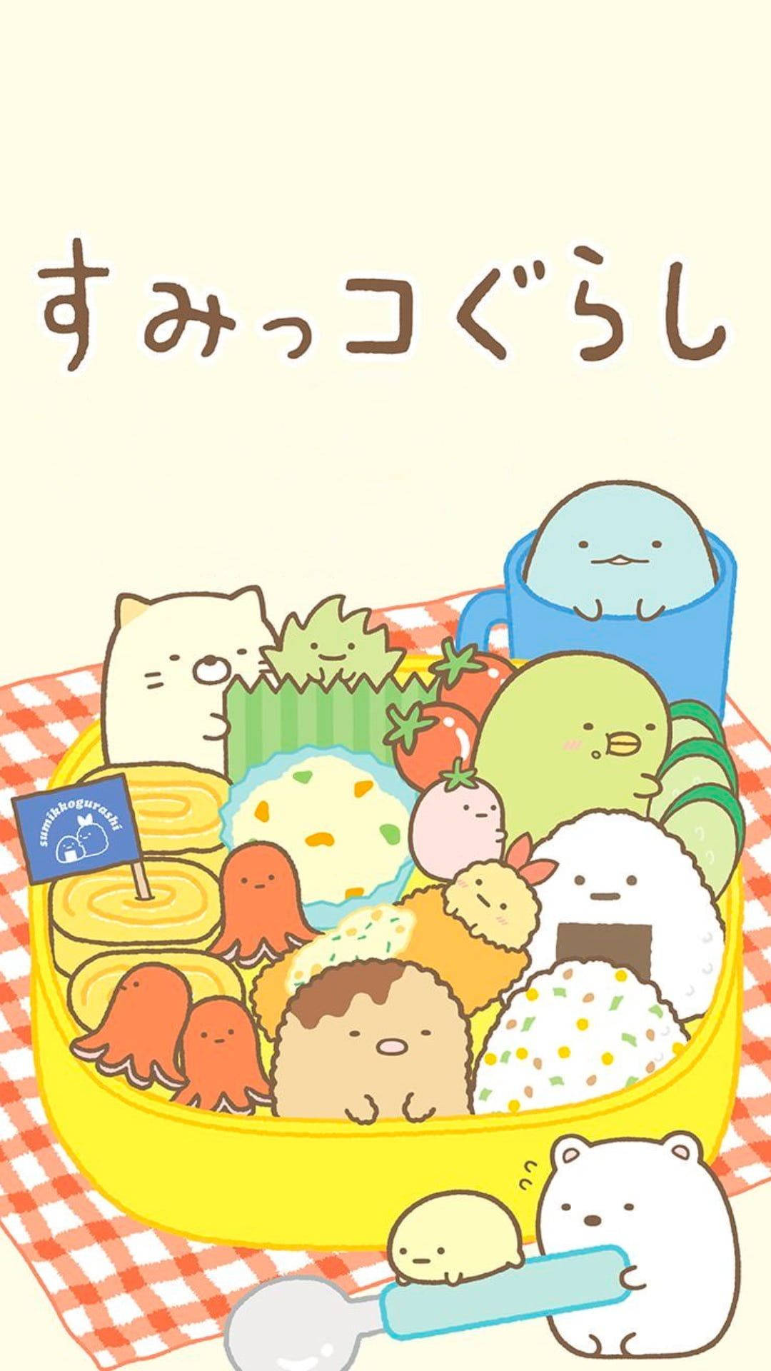 Sumikko Gurashi角色在格仔布上的便當盒中。