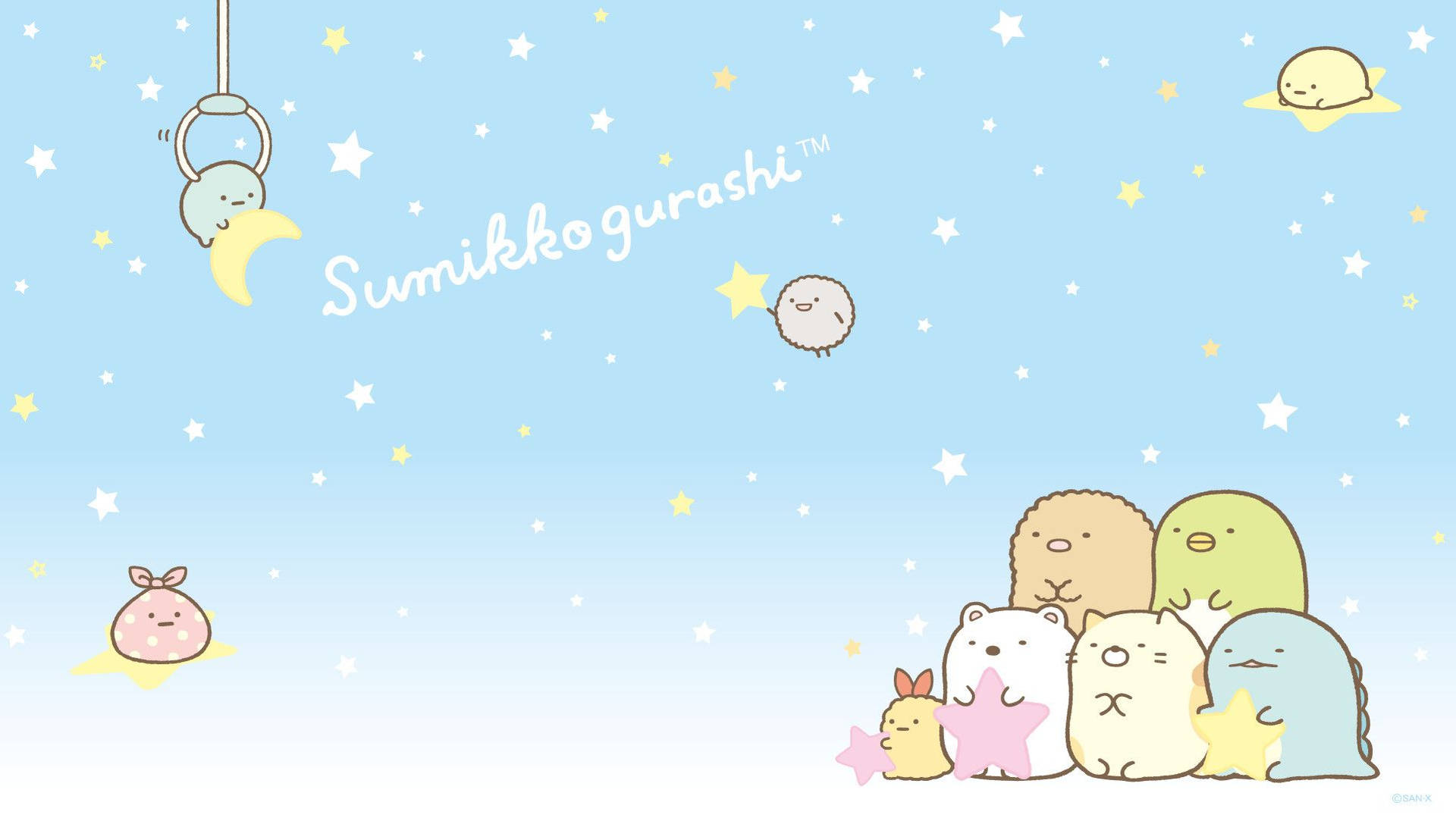 Sumikko Gurashi角色在星星和新月之間漂浮。