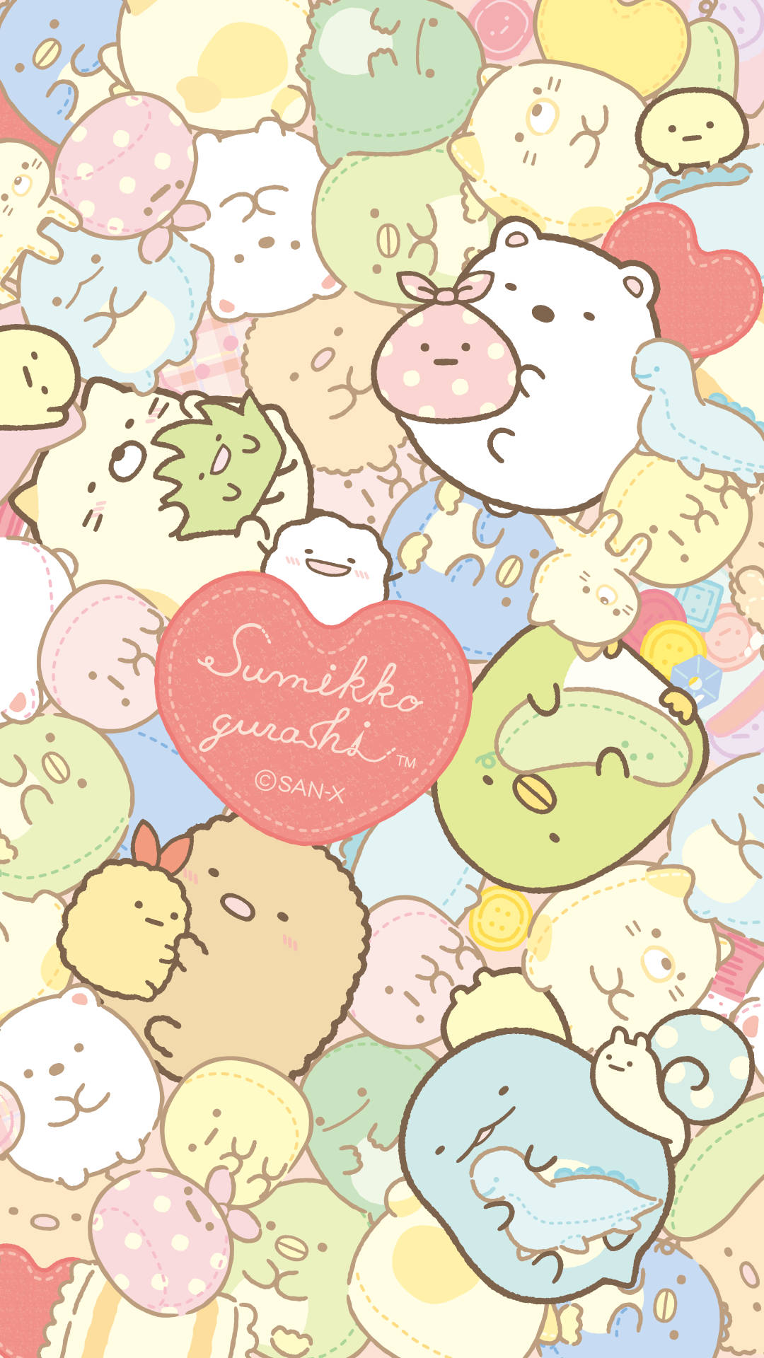 粉彩 Sumikko Gurashi 角色在密集可愛的牆紙設計中。