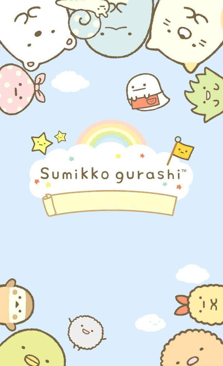 Sumikko Gurashi角色圍繞彩虹和雲朵標誌漂浮。