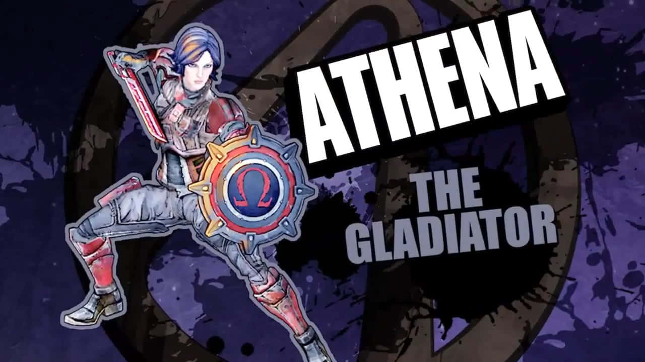 Borderlands Characters 桌布 壁紙 — 角鬥士雅典娜以動態姿勢站立，手持劍和盾牌，背景為深紫色潑濺效果。