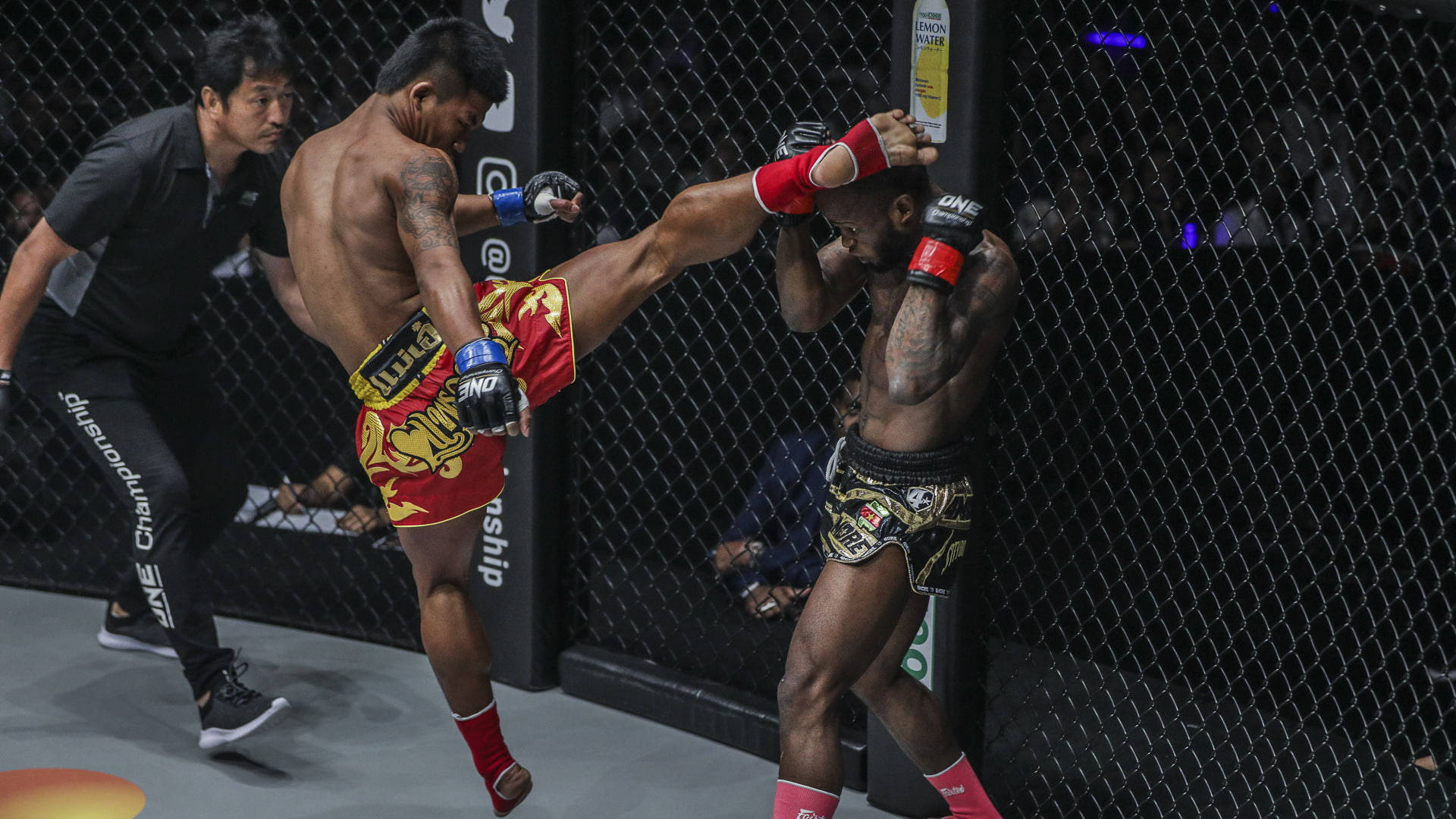 兩名MMA拳手在籠內，其中一人向另一人施展高踢。