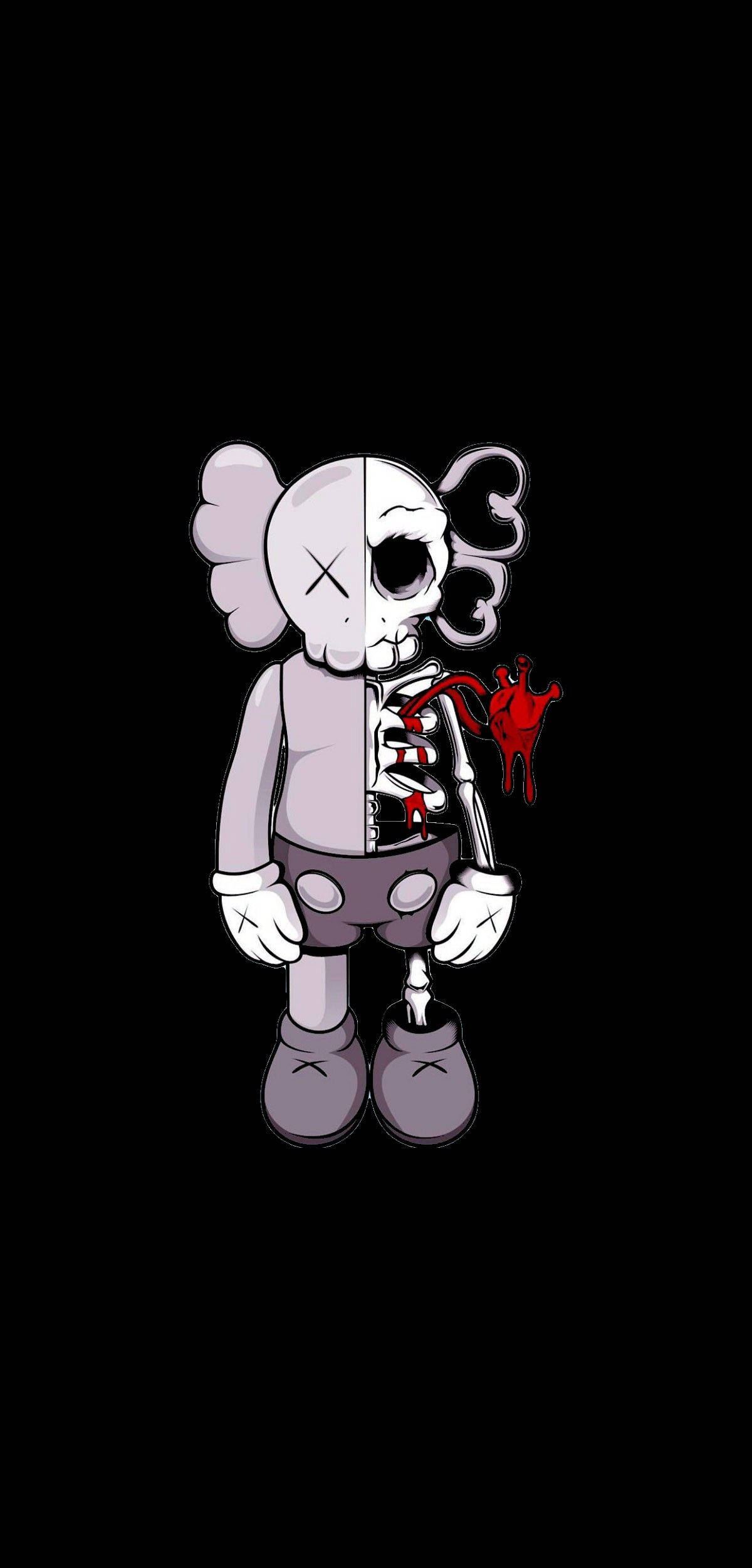 解剖KAWS 4K插畫 壁紙 — 一個分裂面孔的KAWS角色，一側是骷髏，另一側是無肉的，在黑色背景前拿著一顆紅心。