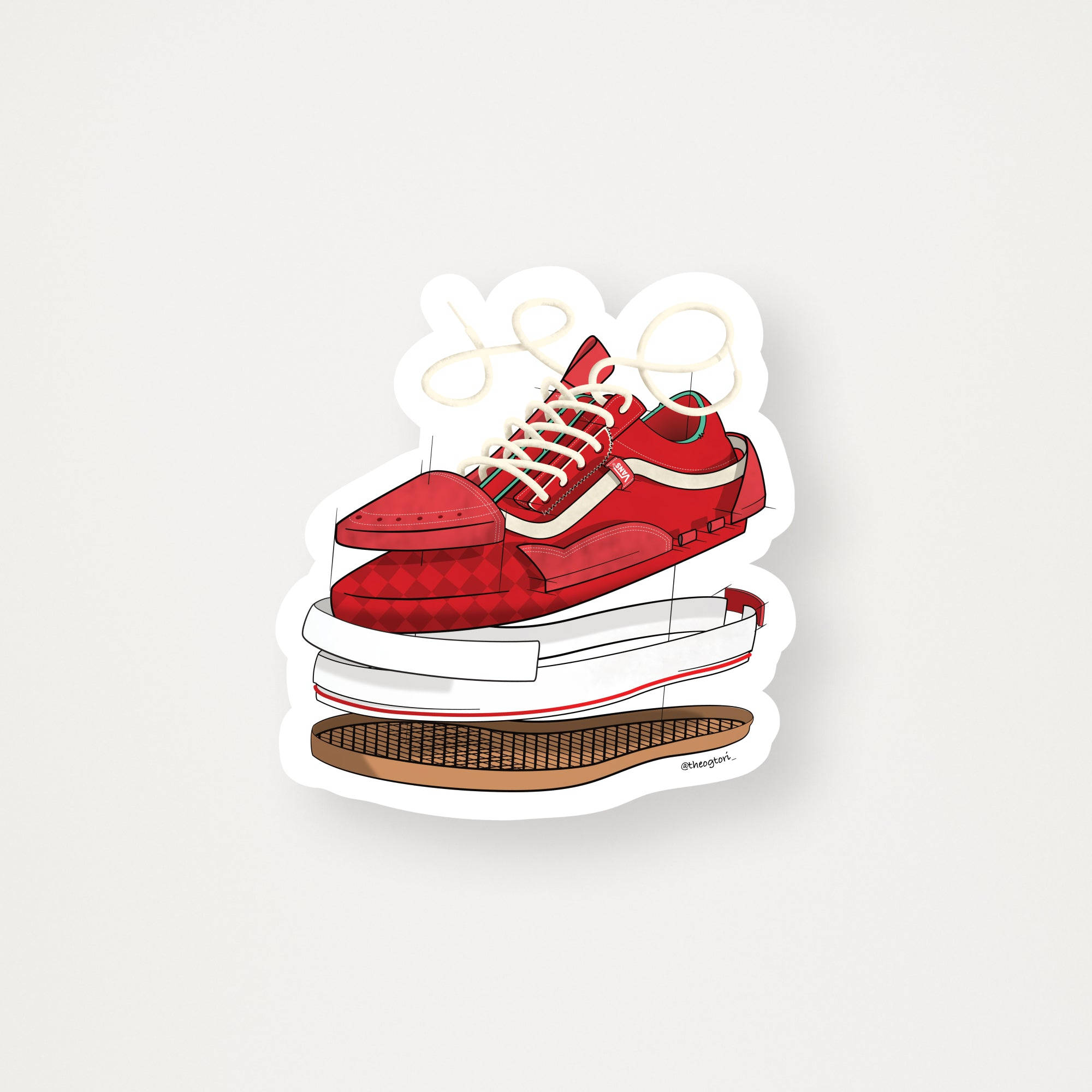解構式紅色 Vans 卡通運動鞋數位藝術作品 壁紙 — 一對紅色Vans運動鞋，配有白色鞋帶和棕色鞋底，以貼紙風格剪裁插圖呈現在純色背景上。