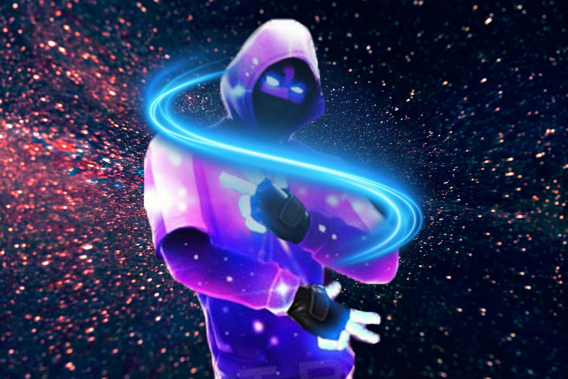 一個發光的戴兜帽人物，帶有藍色能量環，背景是星光燦爛的宇宙。