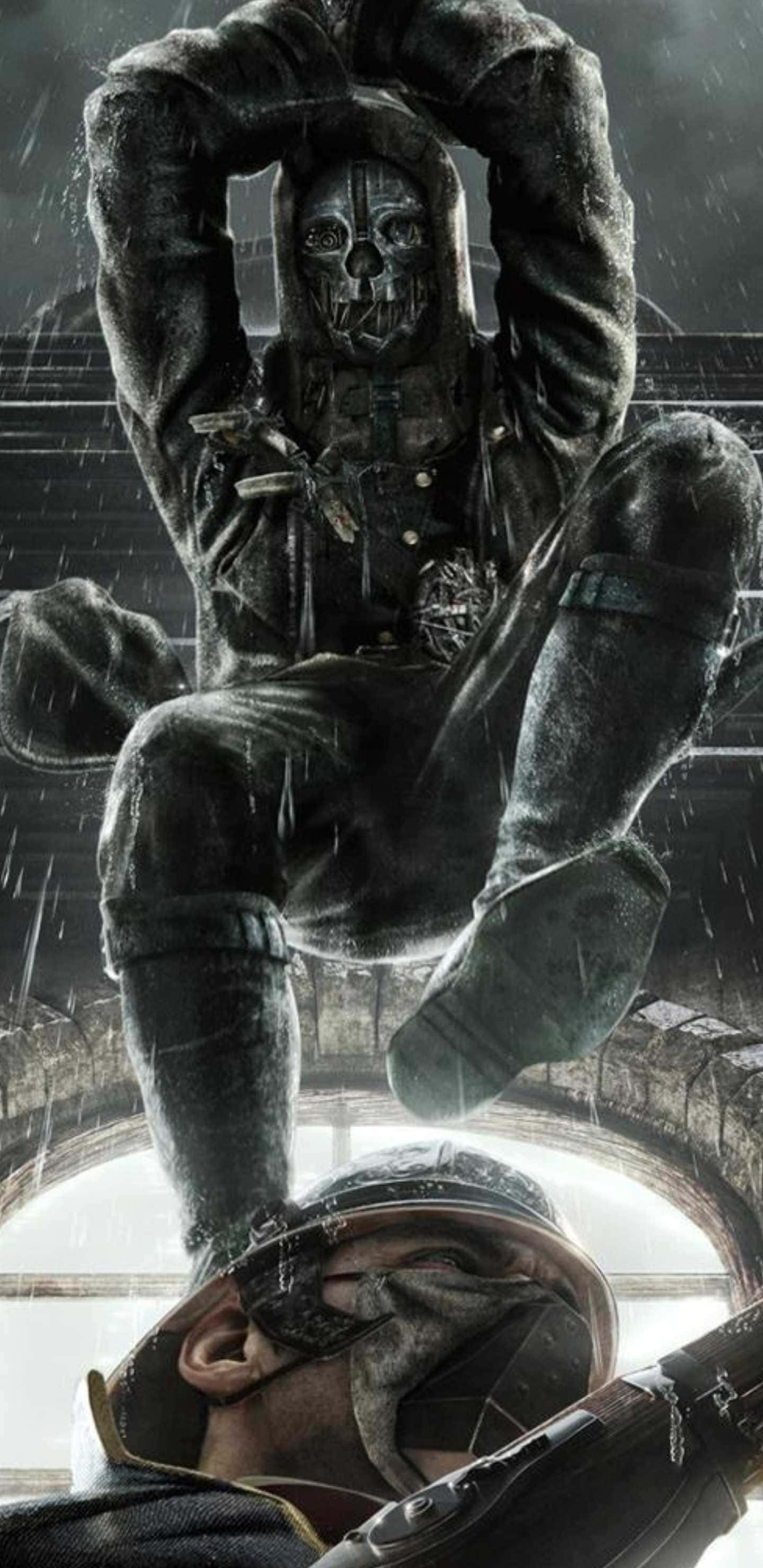 解鎖 Pixel 3XL 的力量，體驗《Wolfenstein II：新巨像》 壁紙 — 一個身穿連帽外套的高聳骷髏士兵，俯視著一個跪在濕透混凝土廢墟中的士兵。