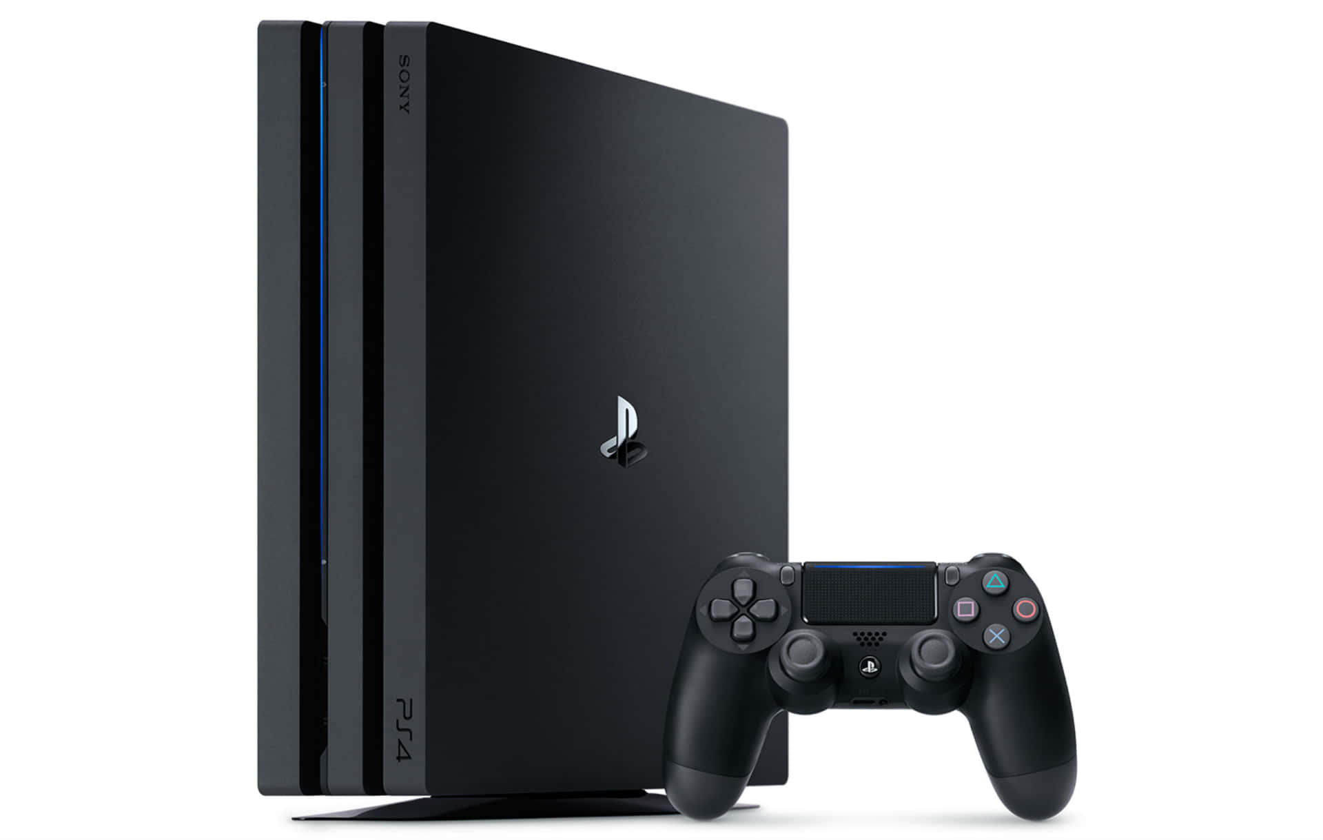 「解鎖PlayStation的無限可能」 壁紙 — 黑色PlayStation 4主機連控制器，直立於純白背景前。