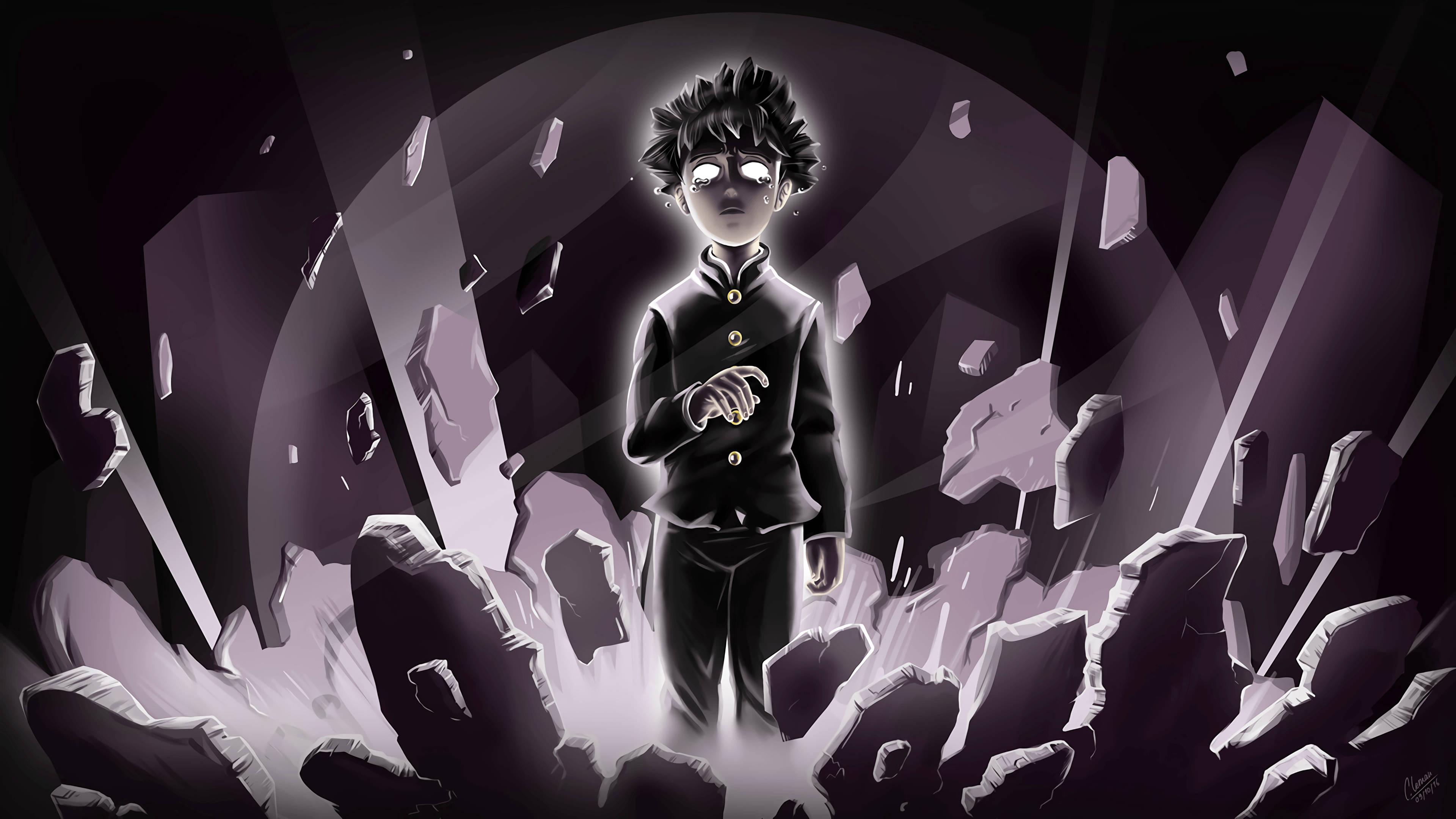 解鎖你的靈能潛能 壁紙 — 一個發光的動漫男孩穿著校服，站在漂浮的紫色碎片中，下方是黑暗的圓形光。