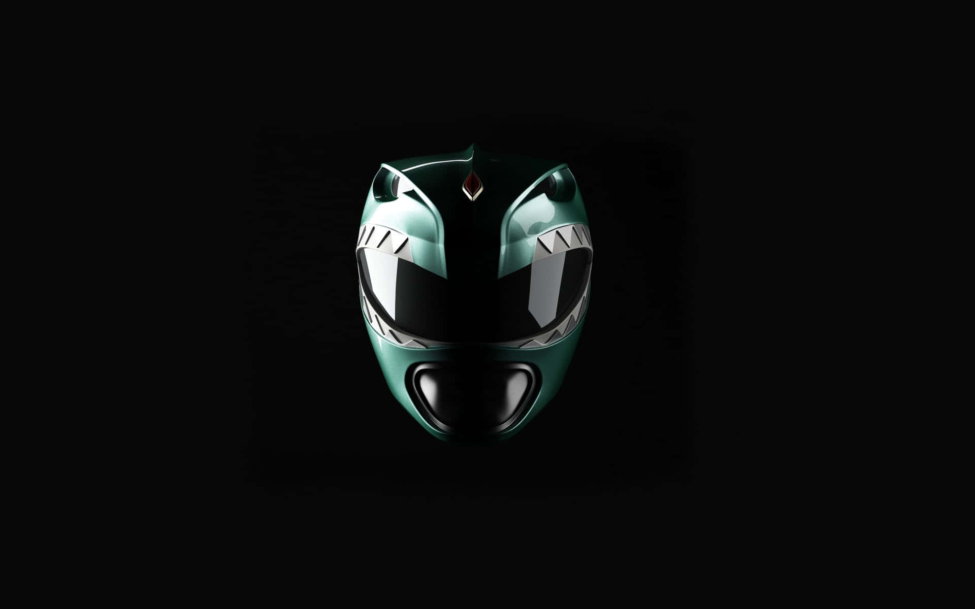 解鎖傳奇Power Rangers！ 壁紙 — 一個時尚的綠色Power Ranger頭盔在漆黑背景上以戲劇性燈光發光。