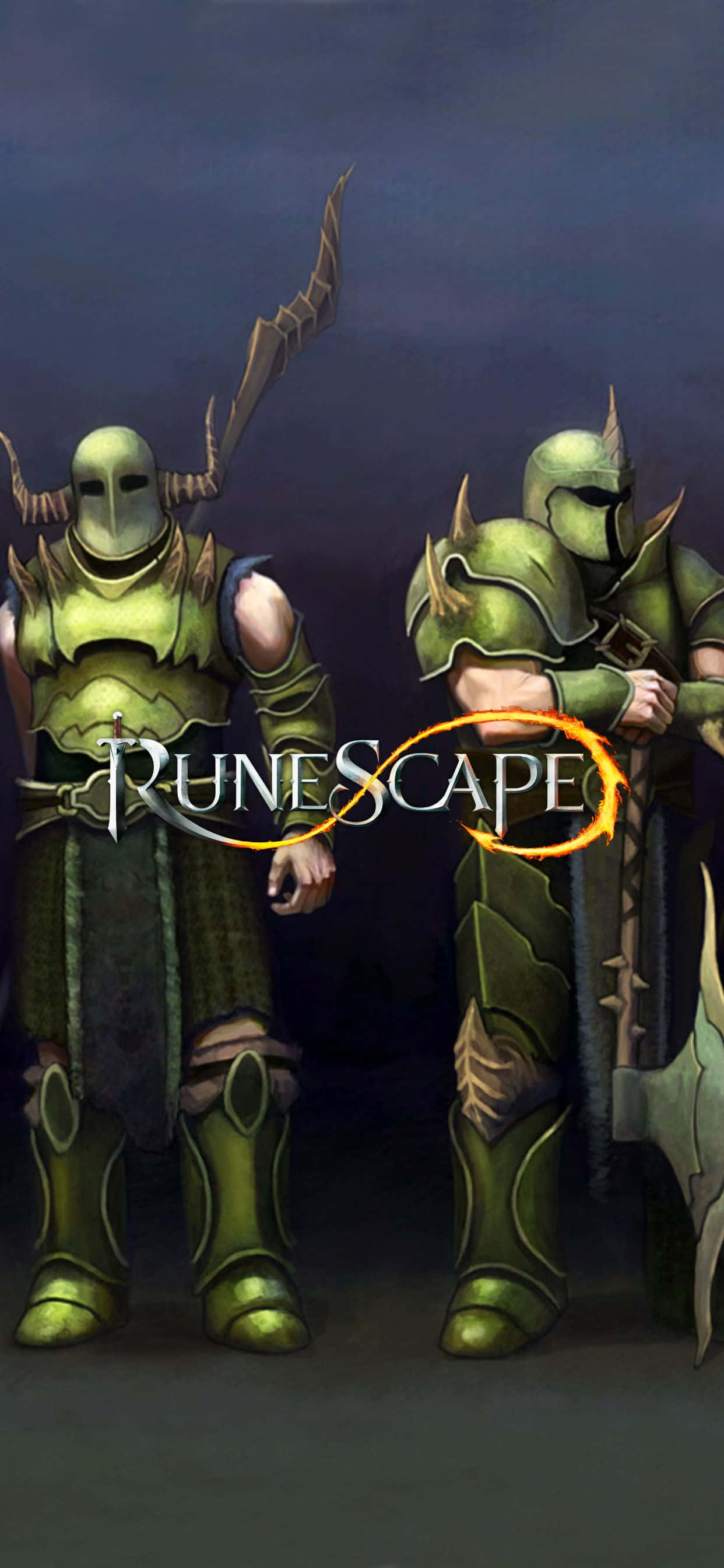 解鎖全新 iPhone XS Max，探索無限的《RuneScape》世界 壁紙 — 兩名身穿綠色板甲的騎士在黑暗的天空下守衛，RuneScape 標誌在他們之間發光。