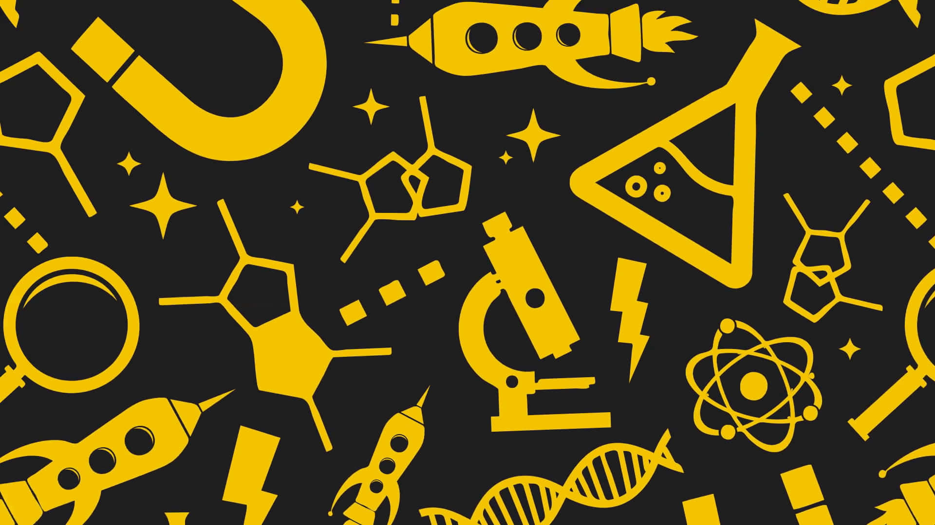 黑色背景上的黃色科學符號，包括火箭、顯微鏡和DNA鏈。