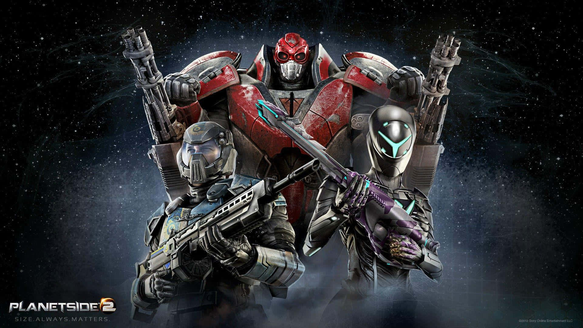 解鎖最酷的 PS4 個人頭像 壁紙 — 三名身穿裝甲的士兵手持未來武器，在科幻遊戲場景中，對著星光宇宙背景挑釁地站立。