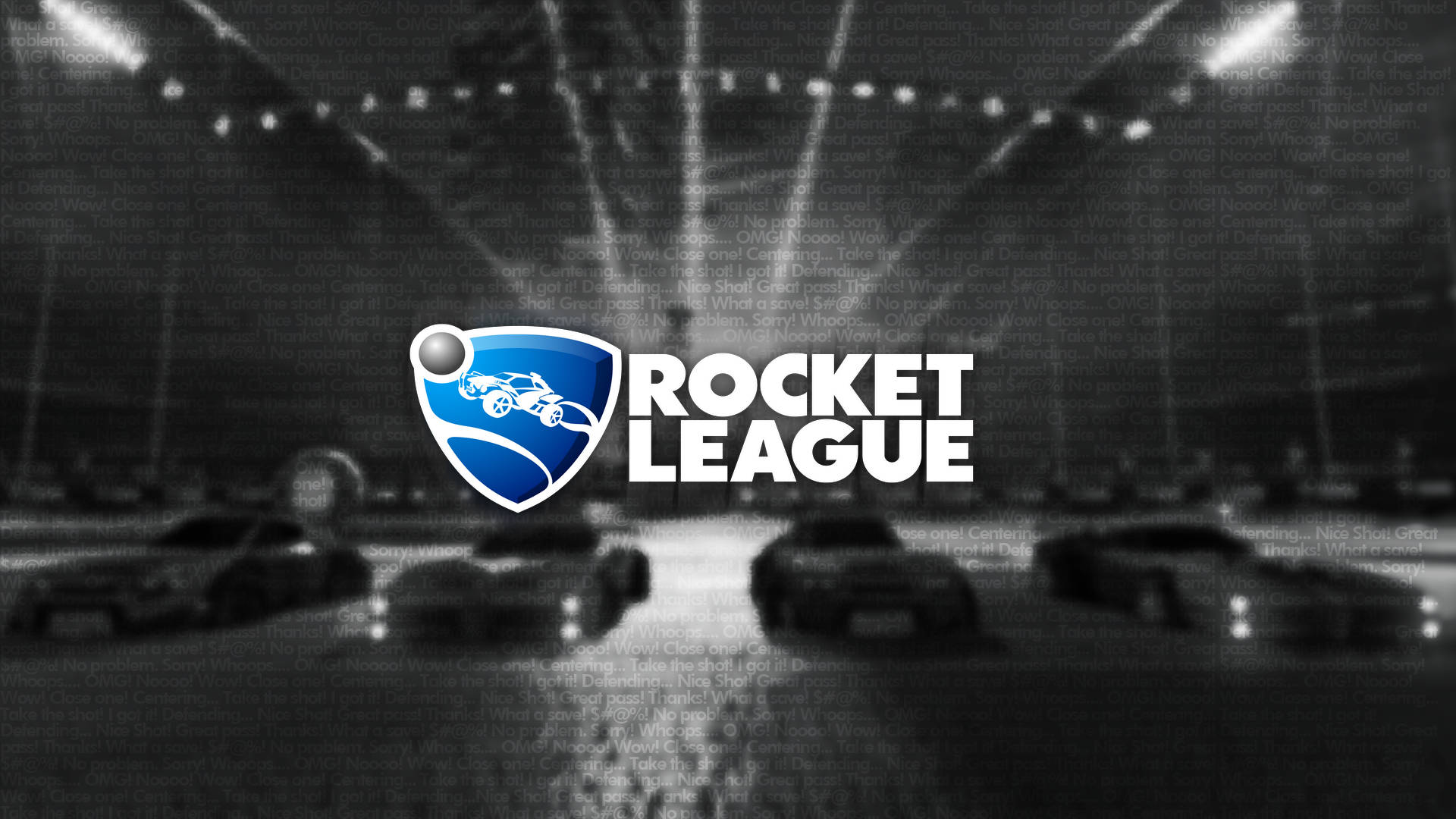 Rocket League標誌在模糊的體育場上，有汽車和聚光燈
