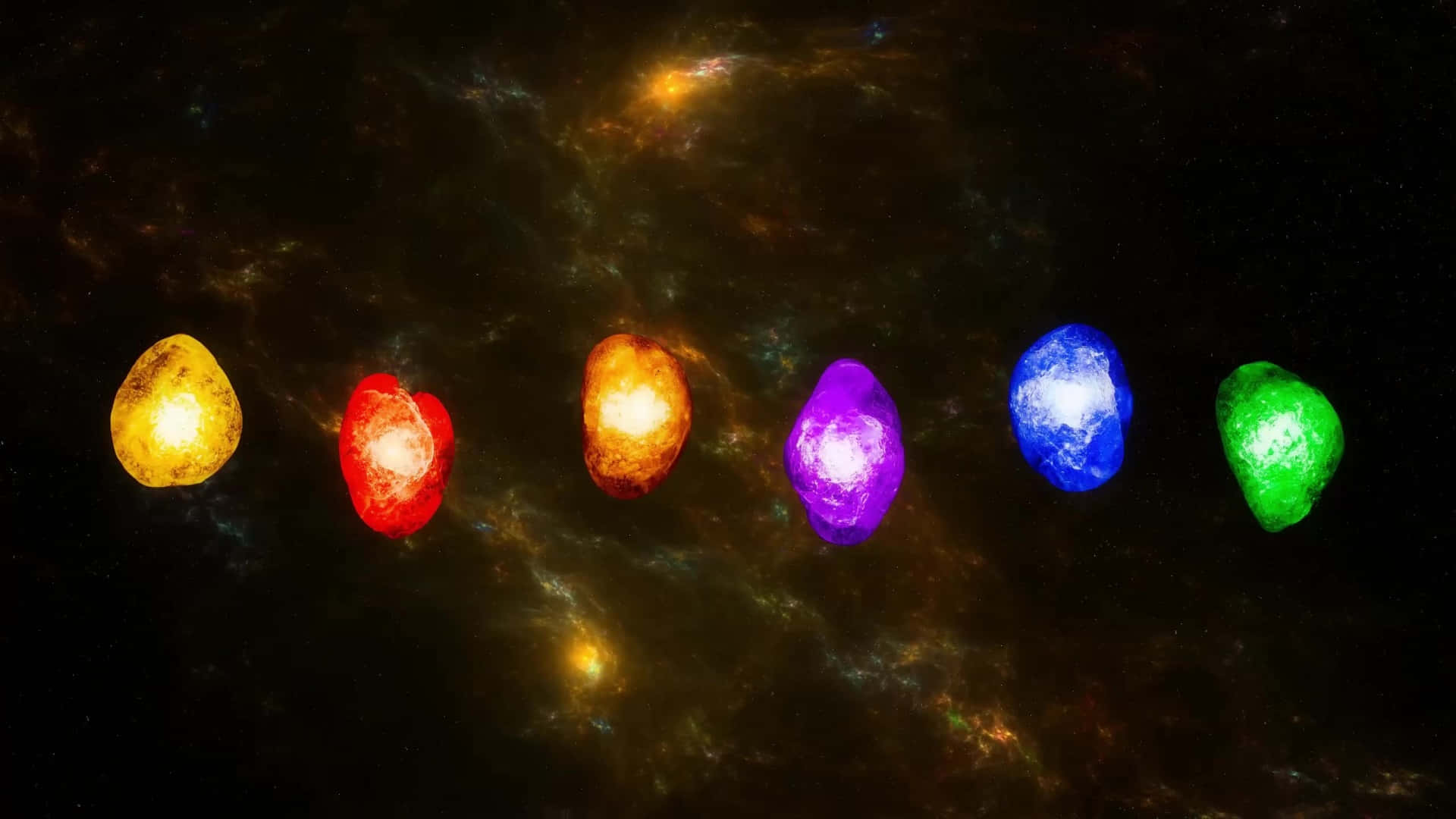 六顆發光彩色寶石漂浮在宇宙星雲中。