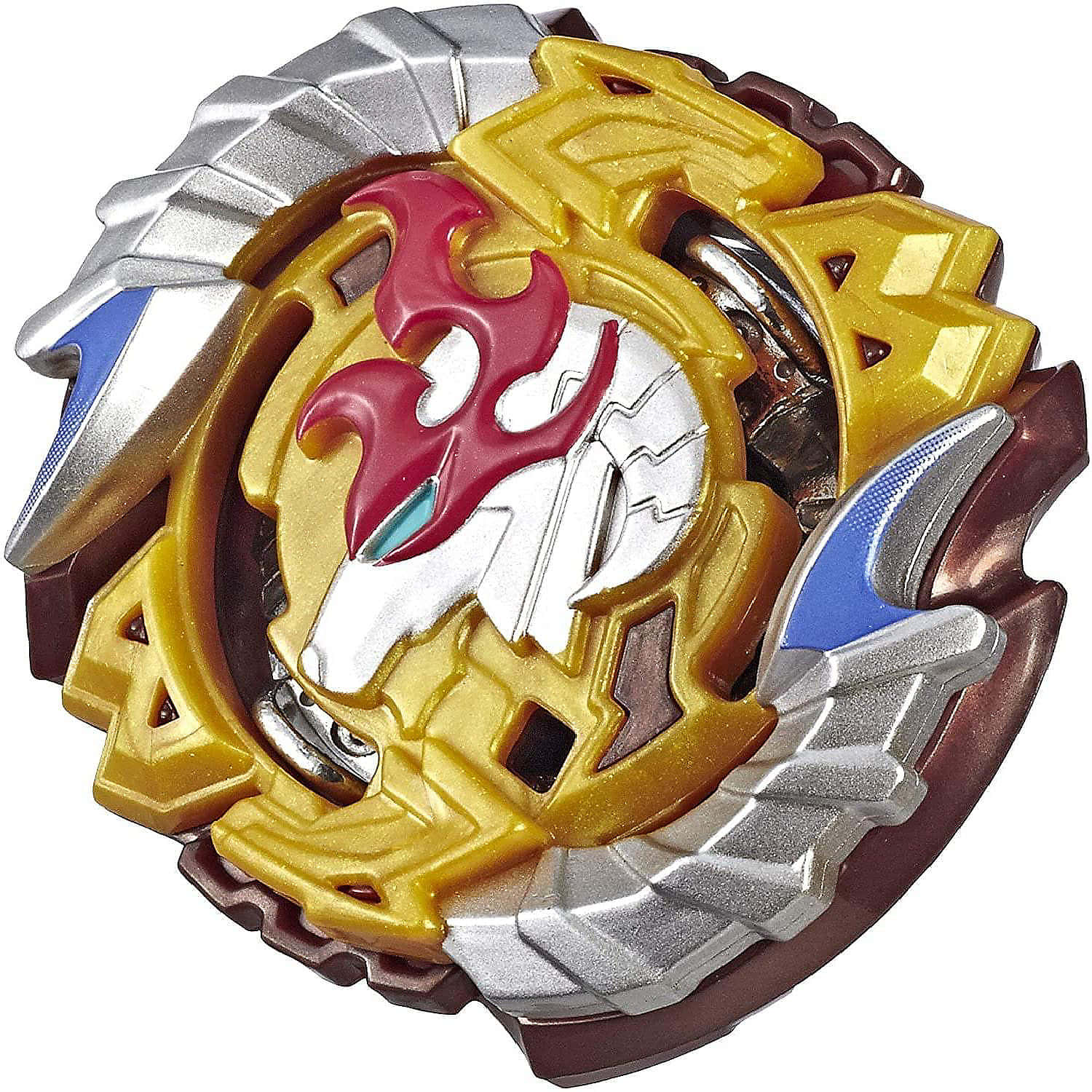 一個色彩繽紛的金屬Beyblade玩具，帶有火焰設計。