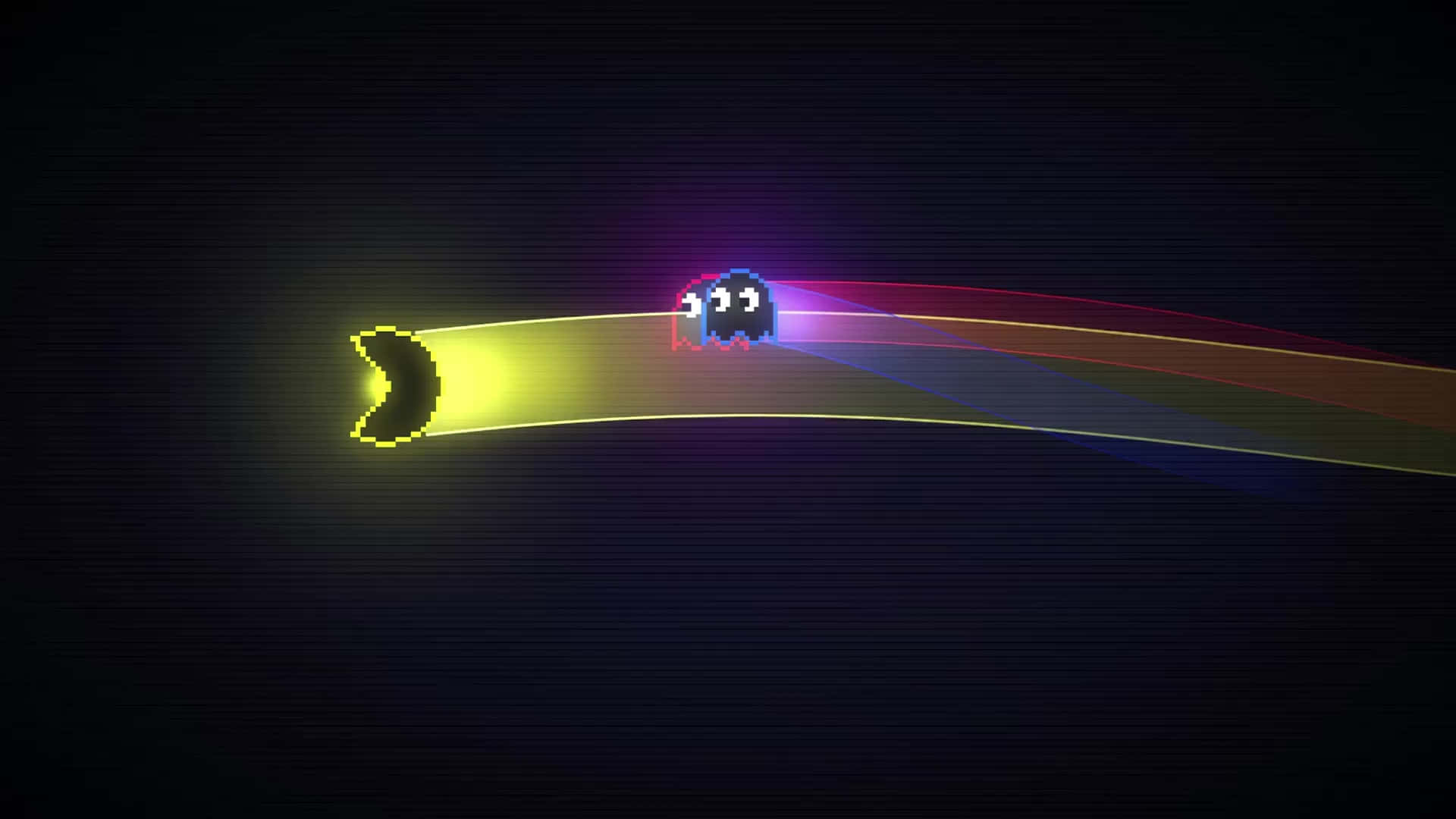 像素化的 Pac-Man 和鬼魂在復古電子遊戲的霓虹隧道中競速。