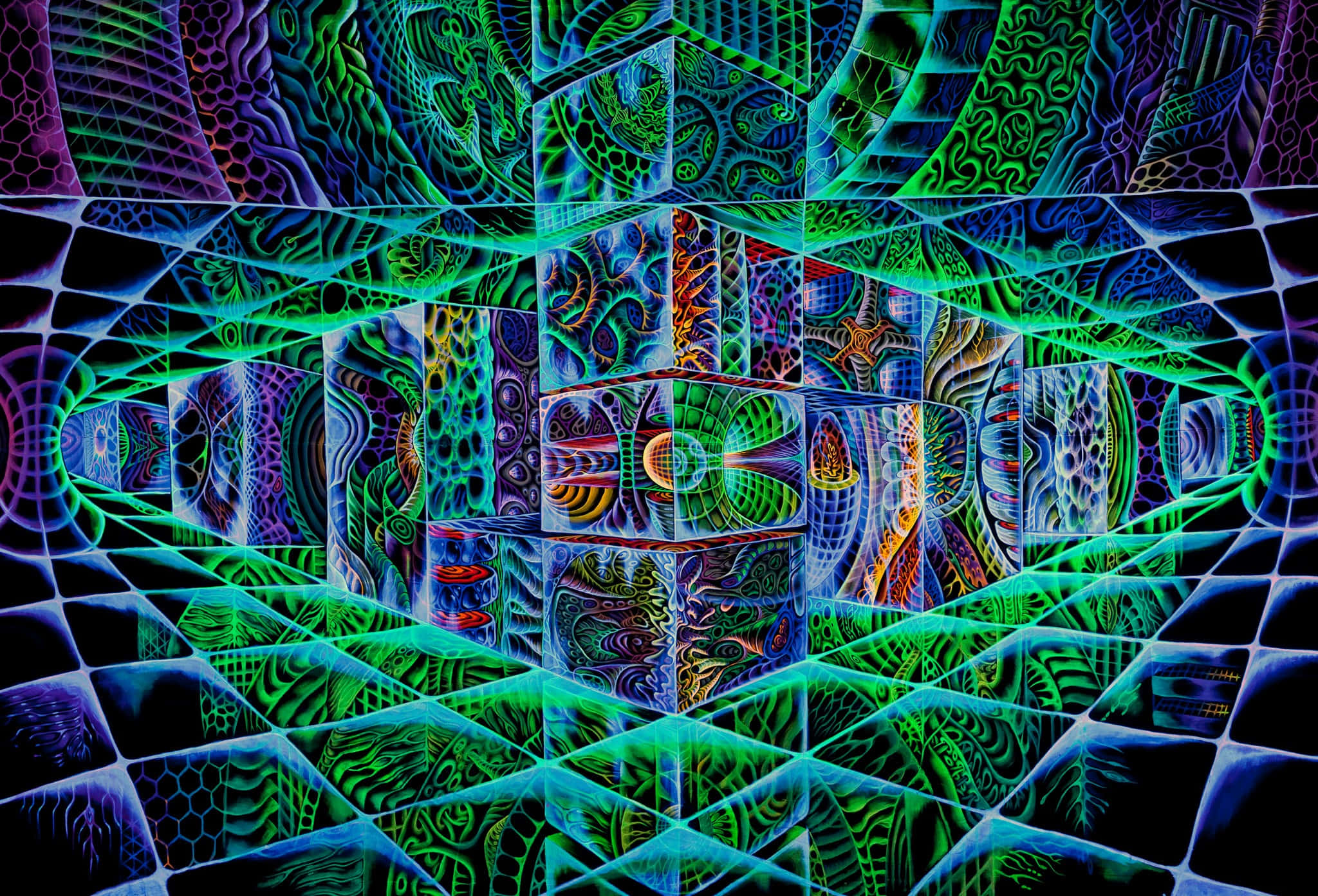解鎖魔法 壁紙 — 一幅迷人的數碼藝術作品，呈現出一個萬花筒般的隧道，充滿發光的綠色、藍色和紫色分形圖案，帶有複雜的有機設計。