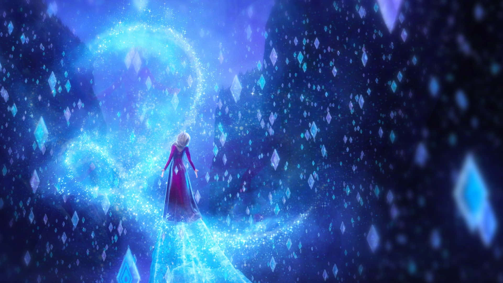 一位身穿紅色長裙的公主在雪地森林中創造出一個發光的冰魔法漩渦。