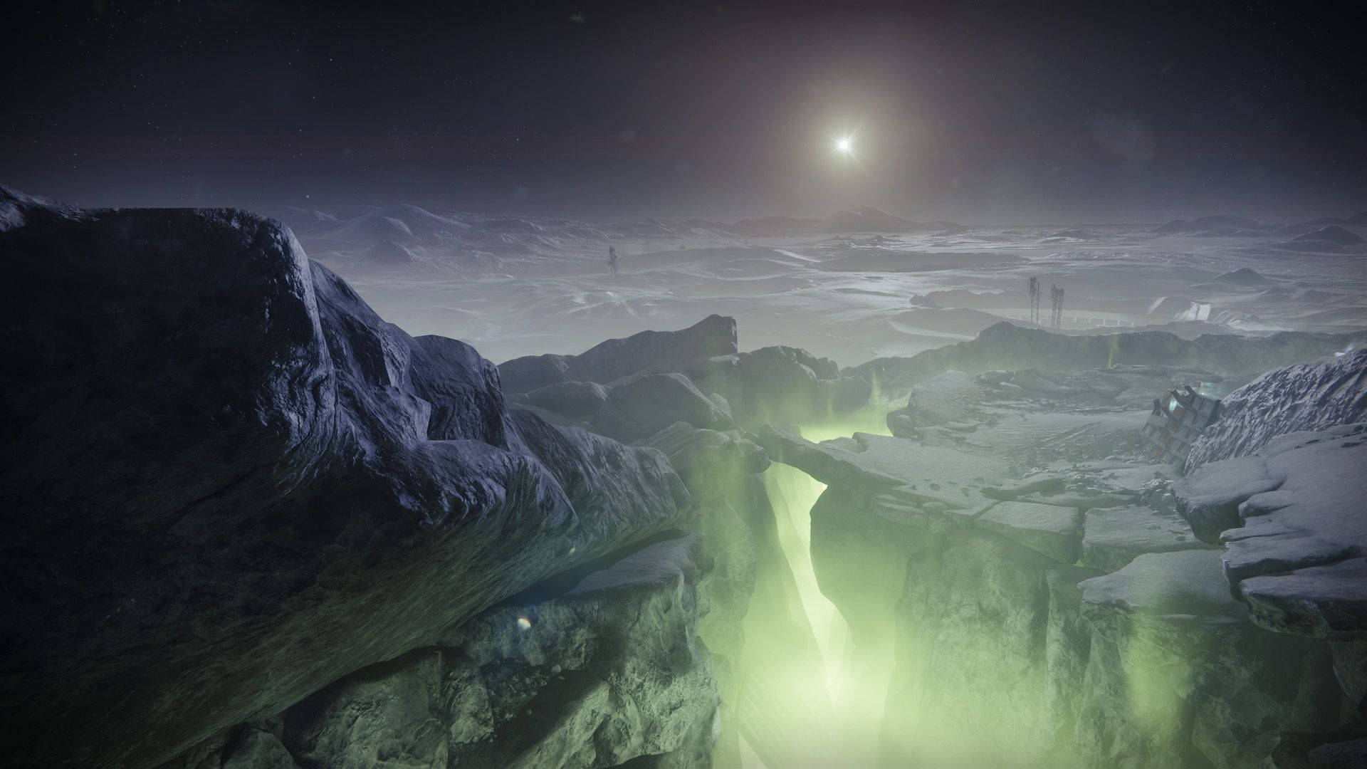 解開《Destiny 2: Shadowkeep》的奧秘 壁紙 — 一條發光的綠色裂縫照亮了雪覆蓋的外星峽谷，在明亮的月光天空下。