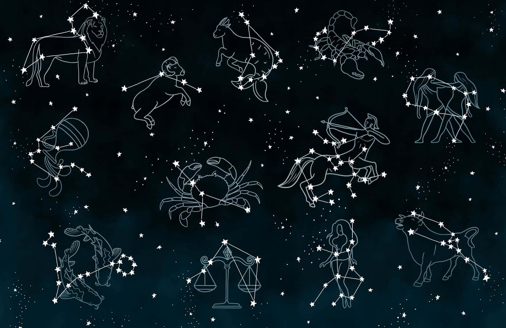 在星空夜空中以線條連接的十二個星座。